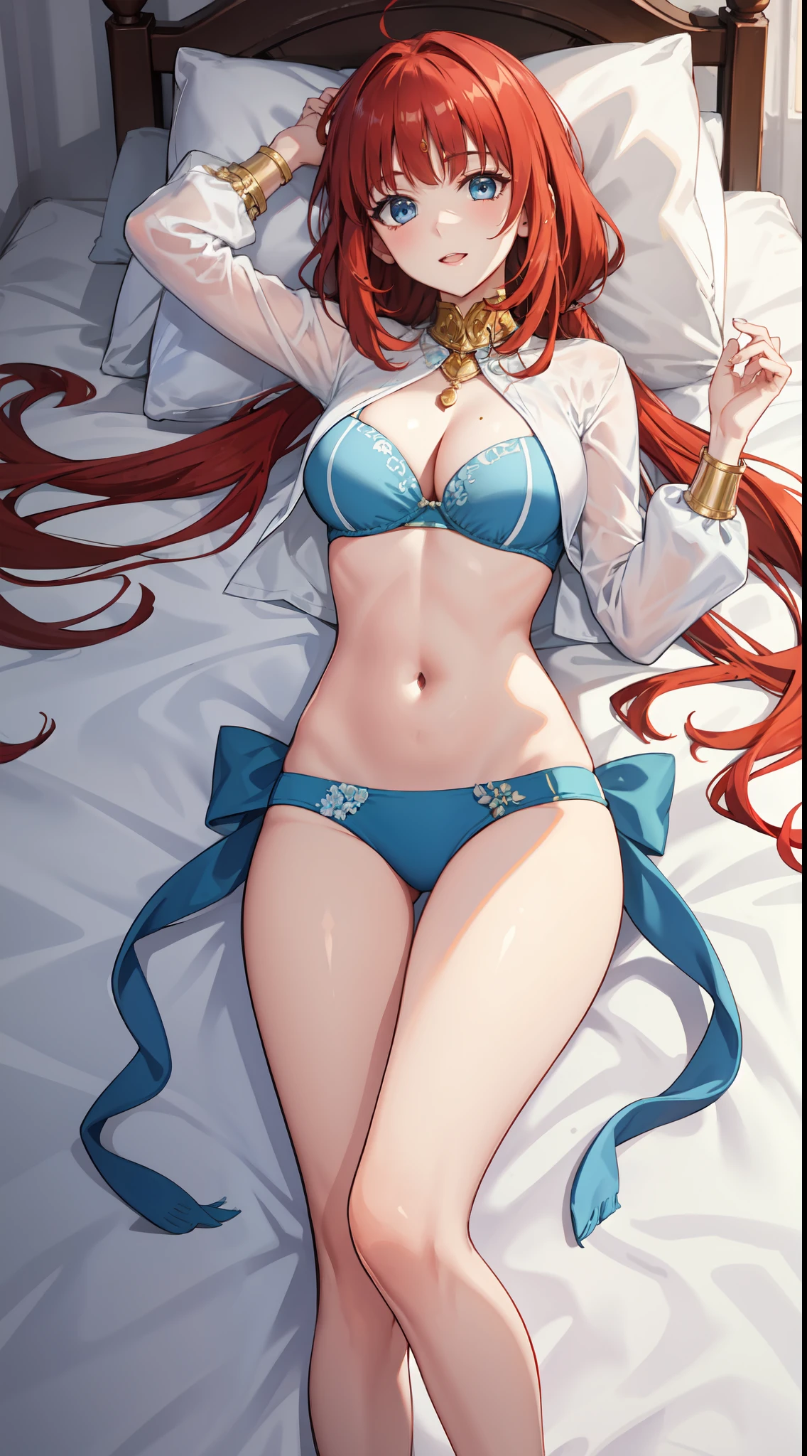 slim legs, blue eyes, nilou, red hair, long hair, mesmerising , medium breast, happy, navel, bed, cleavage, hanging breast, lying on the ground