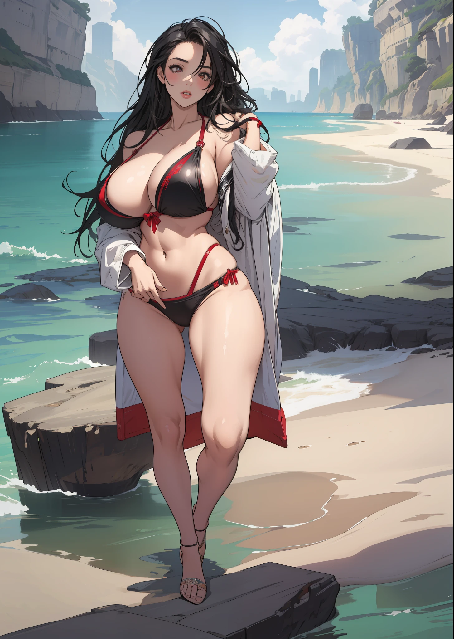 Realistic, high resolution, 1 girl, sexy girl, busty figure, curvy, big boobs, perfect body, wearing a bikini, sexy bikini, thong, black hair, detailed eyes, detailed hair, red bikini, highly detailed