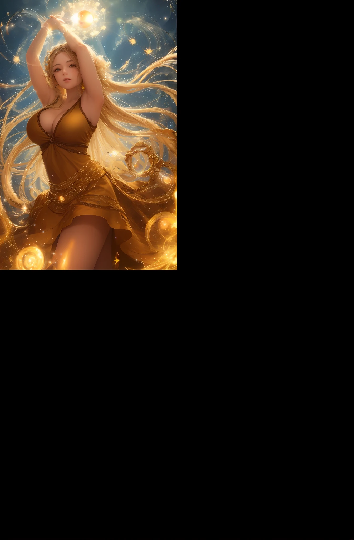Earthy starry sky,Lots of highlights,A girl in a yellow dress curled up and floating in the starry sky,Surrounded by a sky full of stars HD 8k drawing scale 4:3
