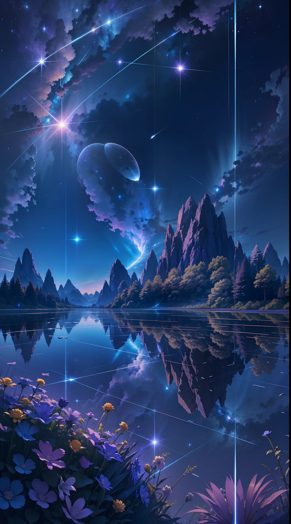 starrysky,There are blue and blue meteor trajectories in the sky(1.3),Violet flower field(1.2),Quality masterpiece(1.3),Colorful clouds,Starlight twinkles