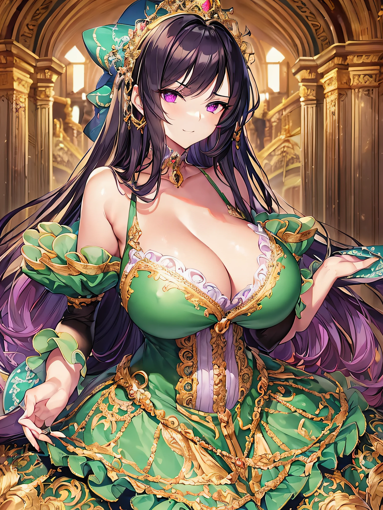 ((anime artstyle)),(Masterpiece),(Best Quality), (Super Detail),((Very Delicate and Beautiful)),((Solo)),((full body)),(((1 arrogant princess in gorgeous and brightly colored gorgeousfull rococo dress))),(Purple eyes),Sharp eyes,detailed face and eyes,jewel-like eyes,(arrogant),((smirk)),((voluminous Very Long Hair,Straight Hair)),black hair,((Bangs between eyes)),((gigantic tits,Long tits)),curvy,skindentation,(gorgeousfull embroidery and lace),gorgeous corsage,See-through,gorgeousfull hair ornament,gorgeousfull glitter jeweled tiara,ornate ruffles,((full body)),((hoop skirt,crinoline)),Dynamic Angle,Looking at viewer,(((gorgeous and brightly colored gorgeousfull rococo dress)),full body