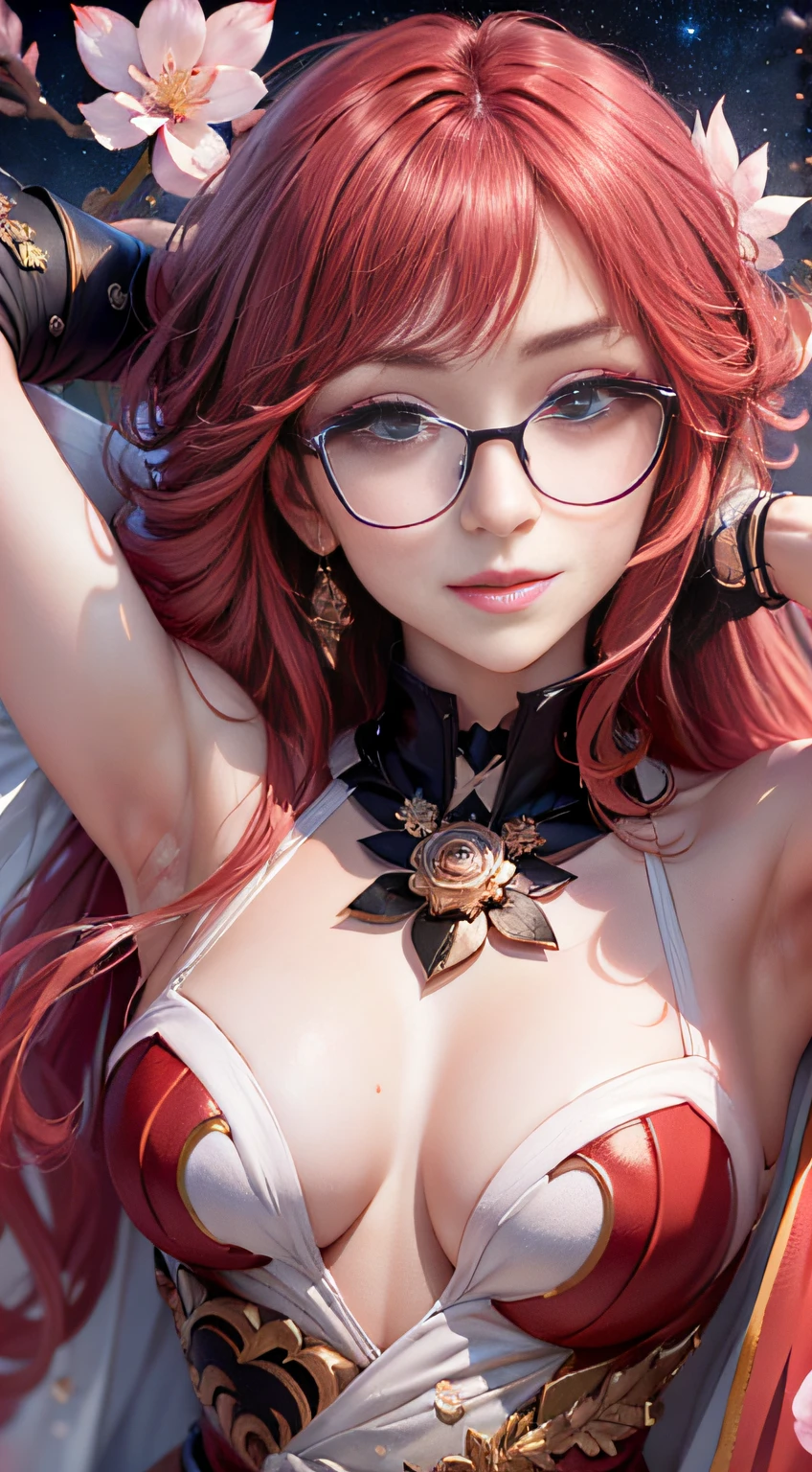 masterpiece,high quality,best quality,4k,super detailed,4k,focus sharp,(face),head,absurdres, highres, ultra detailed, (girl:1.3), (evil:1.5, BREAK , watercolor style, soft blending, closeup face,scarlet hair,,eyeglasses, dreamy, washes, delicate textures, seductive smile, armpit pose very detailed,himeko murata,honkai impact,vermilion knight,dragon outfit kimono, cherry blossom,sakura,night stellar sea,blue sky eyes, (gojo satoru eyes very detailed 4k)