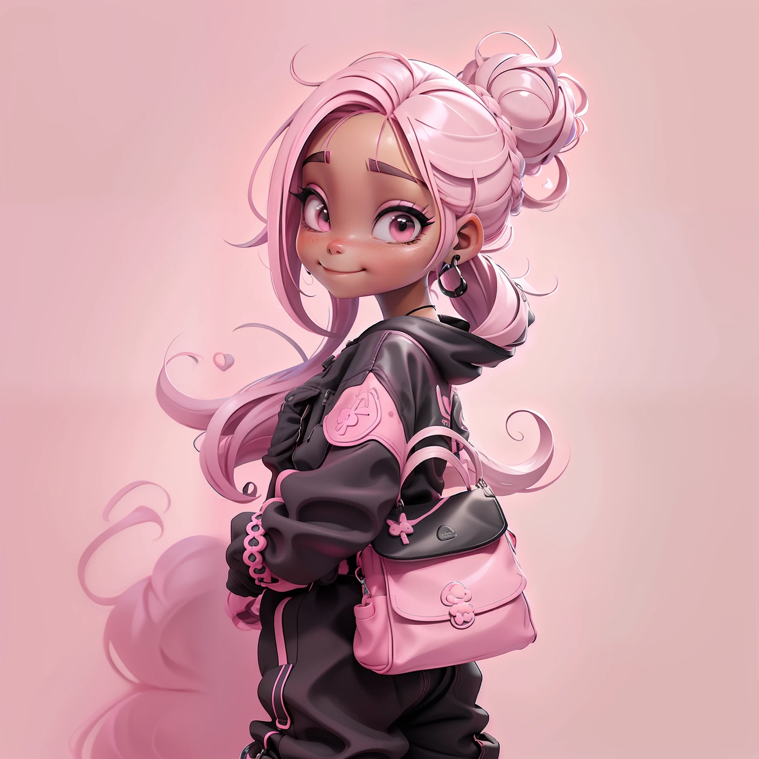 menina orando rezando, renda delicada, sorrindo e leve, tons claros, livros e mochila, Slime cabelo longo bun estilo de cabelo, pink and black, pele clara, cabelo dread's dourados, pink and detailed black jumpsuit, master part, best quality