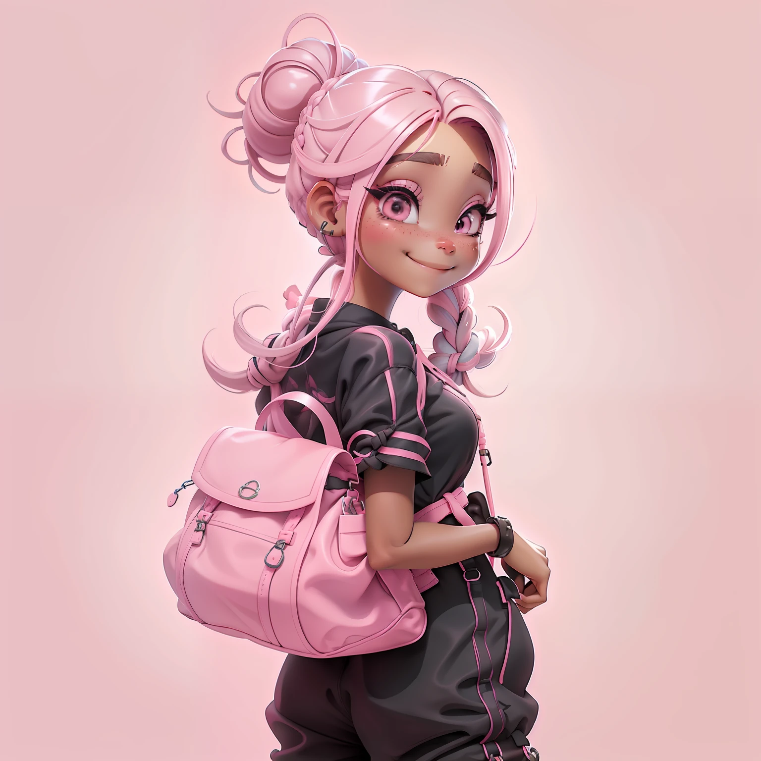 orando rezando, renda delicada, sorrindo e leve, tons claros, livros e mochila, Slime cabelo longo bun estilo de cabelo, pink and black, pele clara, cabelo dread's dourados, pink and detailed black jumpsuit, master part, best quality
