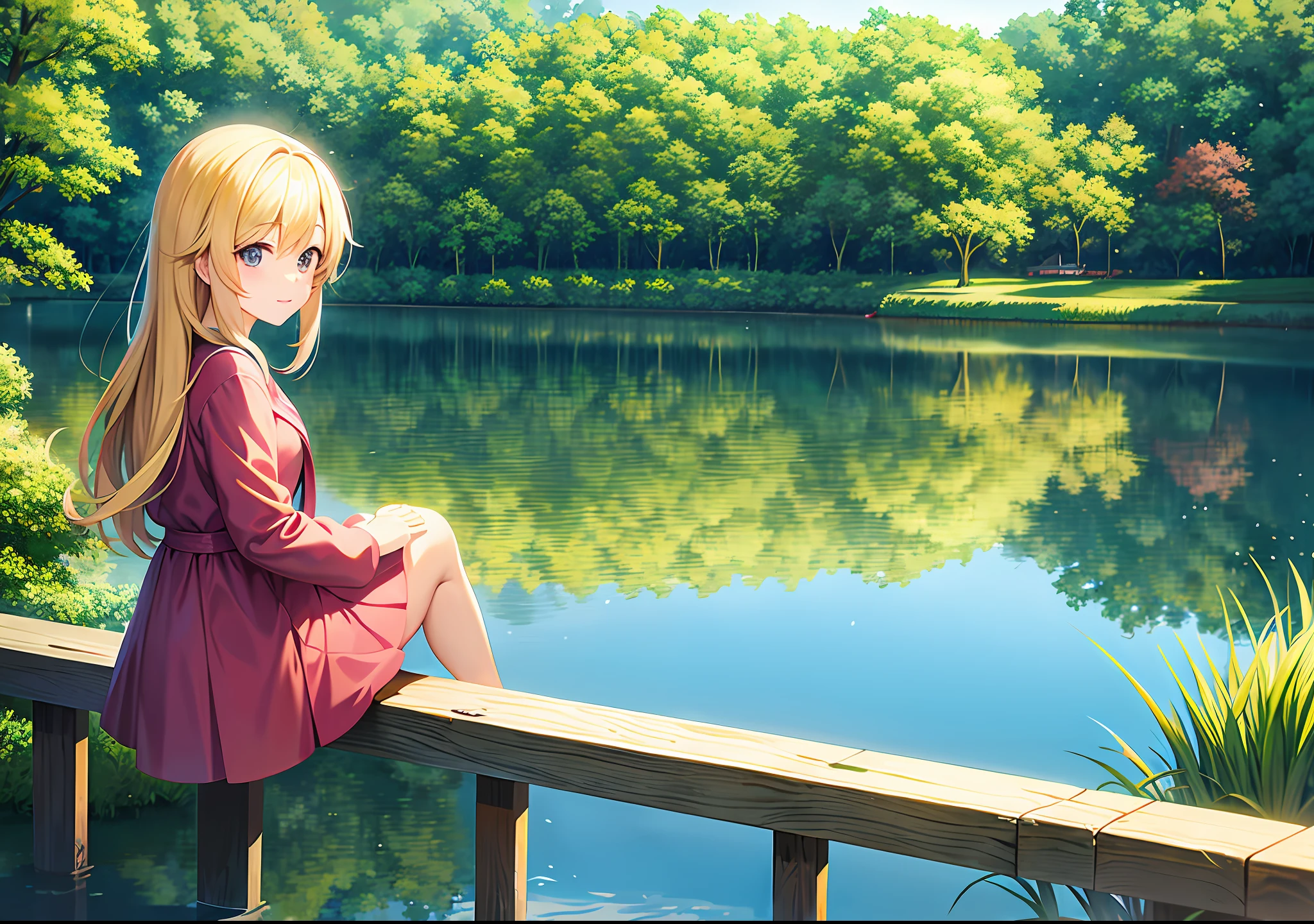 Anime girl sitting on bench in pondside park, sitting at a pond, anime nature wallpap, anime beautiful peace scene, beautiful anime scenes, drawn in anime painter studio, anime lush john 8k woods, Anime background art, sittinng on the river, Anime girl walking on water, Anime Nature, koto no ha no niwa, beautiful anime scenery