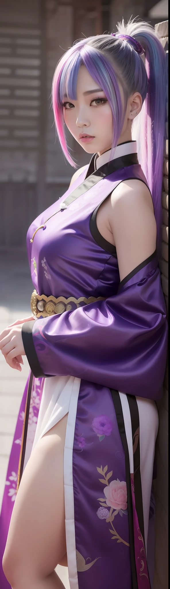 a beautiful female, Chinese style ancient customs, Ink background, multicolored hair, Silver hair, Purple hair, Gradient hair, pony tails, covering mouth, Wide-angle, Depth of field, Ray tracing, reflective light, Cowboy shot, hyper HD, Masterpiece, High quality, Best quality, Super detail, hyper HD