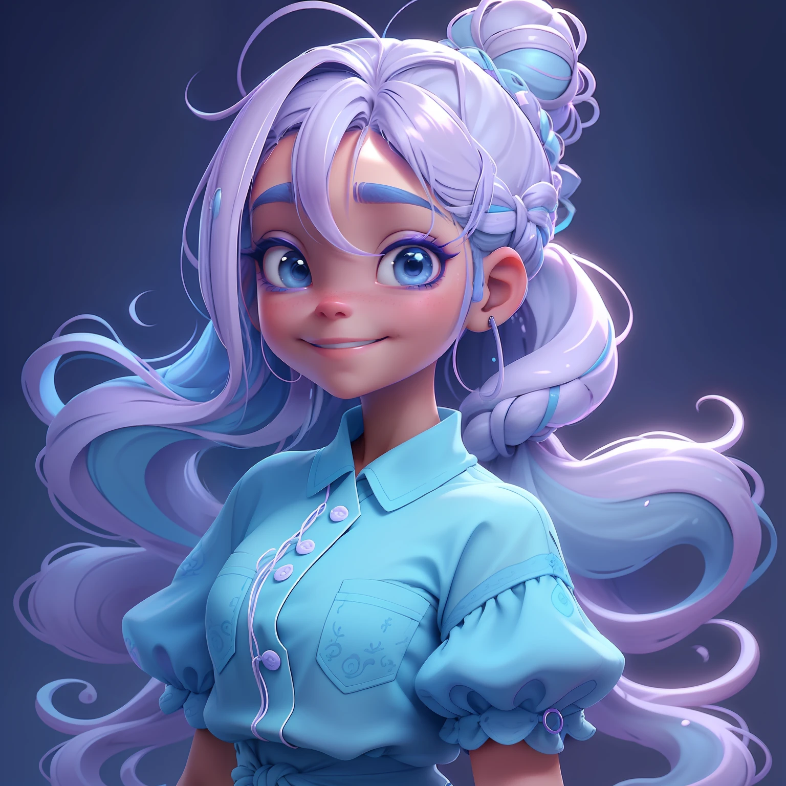 menina orando rezando, renda delicada, sorrindo e leve, tons claros, cooking, Slime cabelo longo bun estilo de cabelo, blue and lilac, pele clara, cabelo dread's dourados, roupas leves e detalhadas, master part, best quality