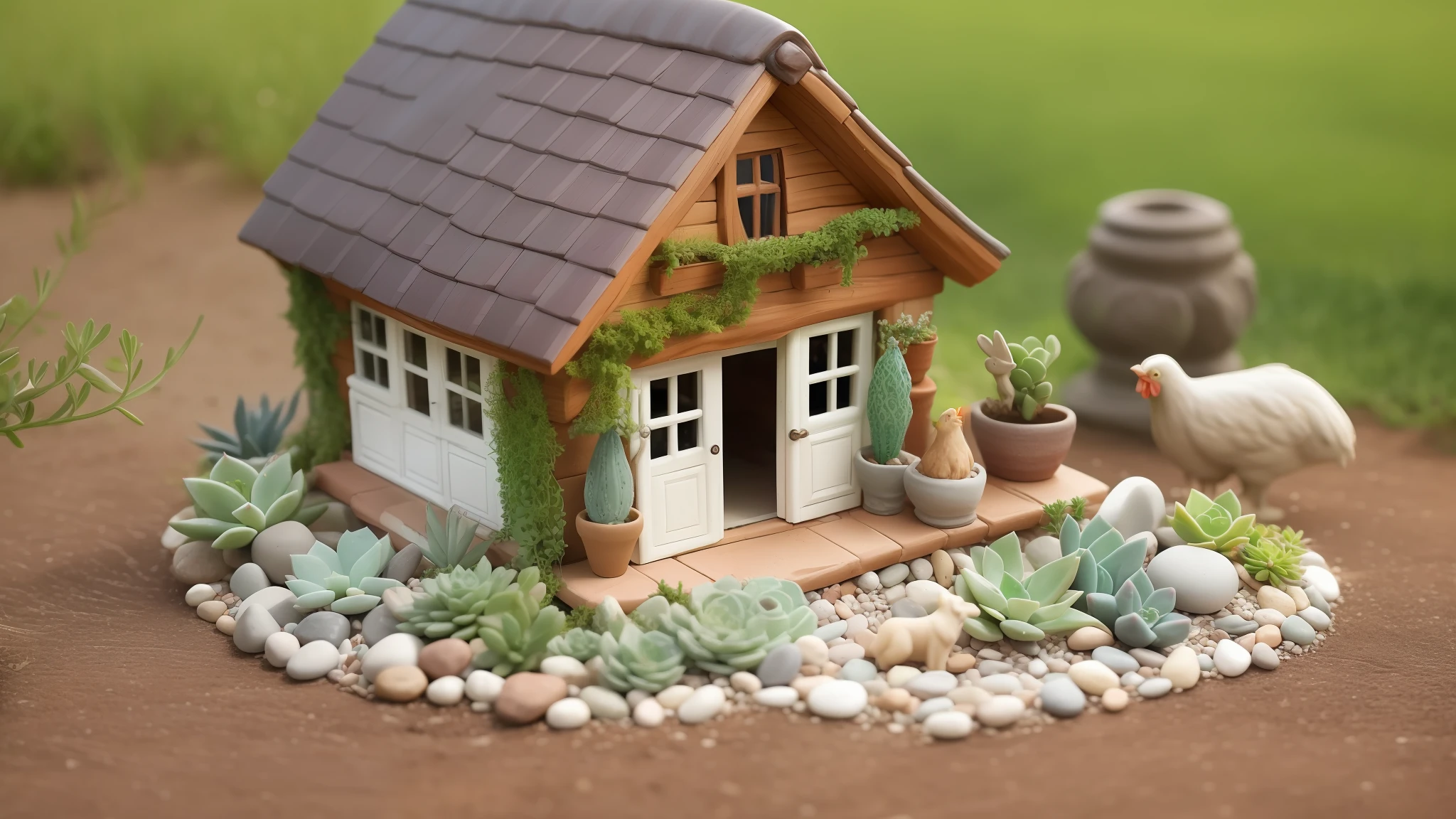 succulents (pottery) on table, white small pebbles, small decorations, small statues, dog statue, chicken statue, small house to make peace countryside scene --auto --s2