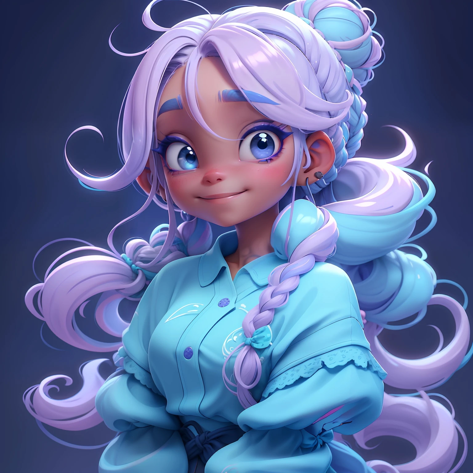 orando rezando, renda delicada, sorrindo e leve, tons claros, cooking, Slime cabelo longo bun estilo de cabelo, blue and lilac, pele clara, cabelo dread's dourados, roupas leves e detalhadas, master part, best quality