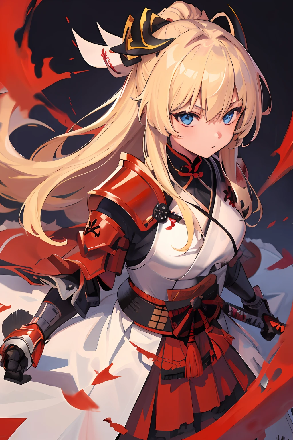(detailed, ultra_detailed, high_quality), Samurai_armor, 1girl, red_armor, blond_hair, katana, blue_eyes, white_mask, plain_background