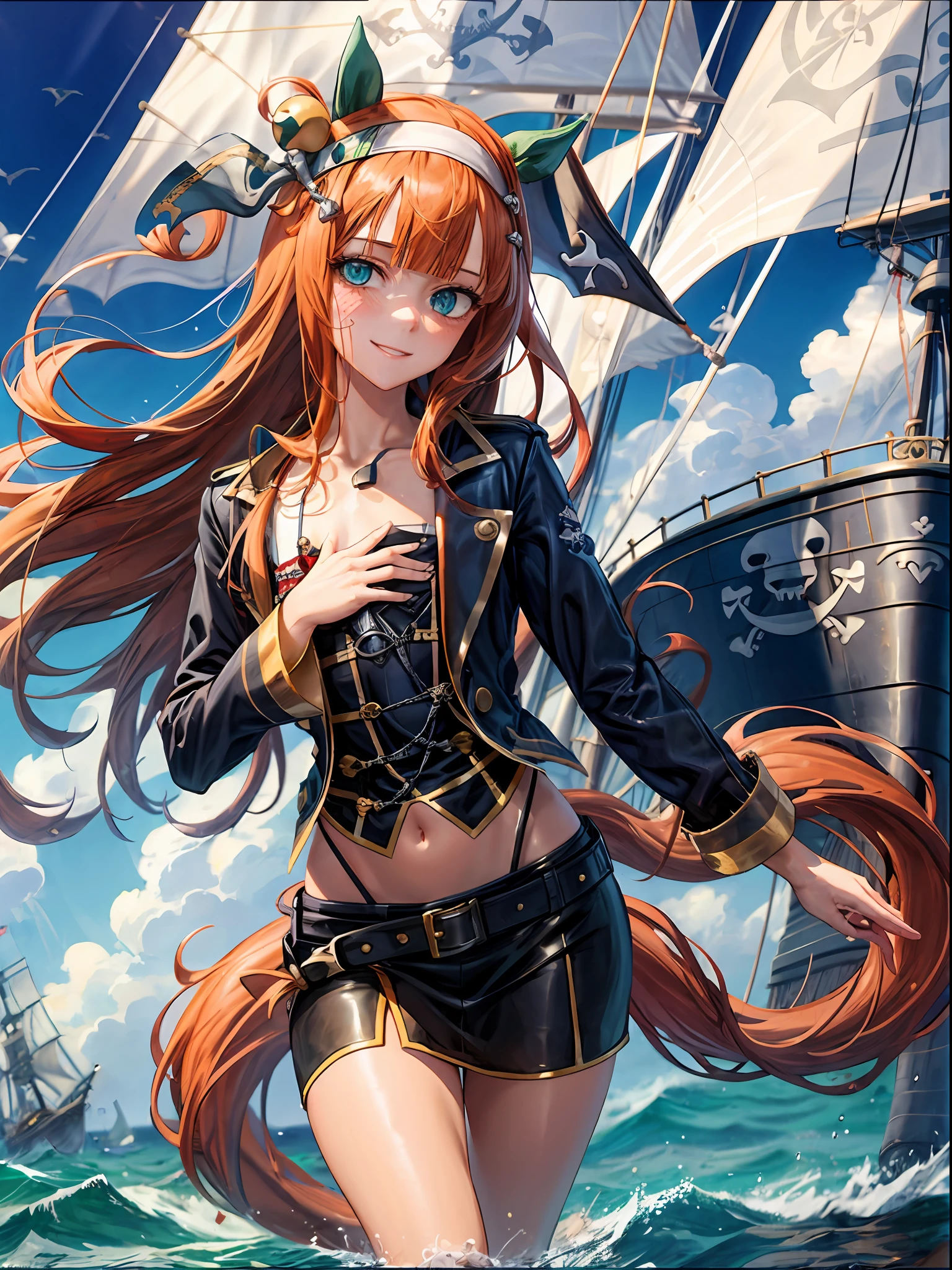 topquality, Horse Girl, Quiet Suzuka, ((Uma Musume))), Perfect skin, realisic skin, Detail Skin, 8K, (tail on the lower back), super detaill, Photo sharpness, RAW photo, ((Pirate costume)), ((Pirate Hat)), Black 1 eye patch, Smile and confident look, A girl is standing on a ship, Pirate Ship, ocean, blue skies, (little chest:1.4), Nearby is a chest filled with gold;:1.2