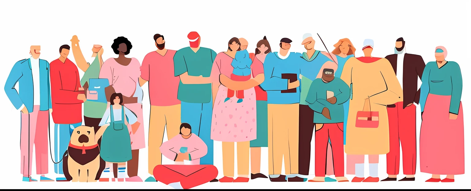 a group of people standing together with a dog and a cat, um grupo de pessoas, grupo de pessoas, muita gente, grupos de pessoas, retrato de corpo inteiro de um grupo, muitas pessoas, por Ingrida Juniper, grupos de humanos felizes, aproximando as pessoas, gen z, small crowd of people, etnias variadas, Diferente, colorful crowd, foto de grupo
