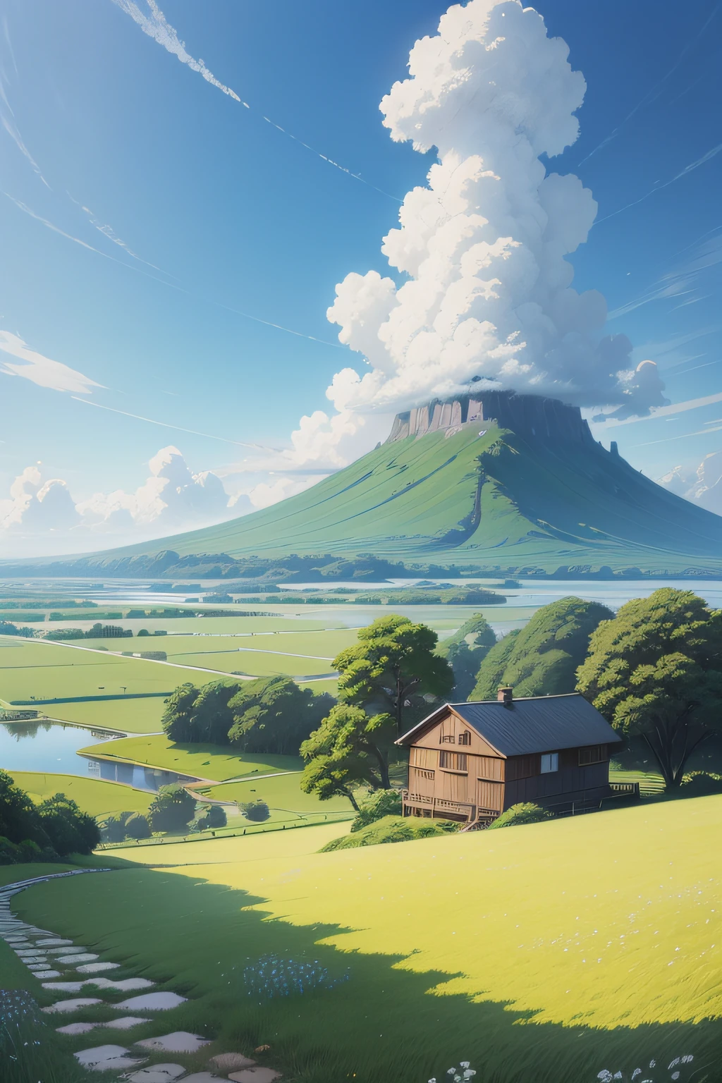 Realista, Authentic, beautiful and amazing landscape oil painting Studio Ghibli Hayao Miyazaki petals pasture with blue sky and white clouds, 4k --v6