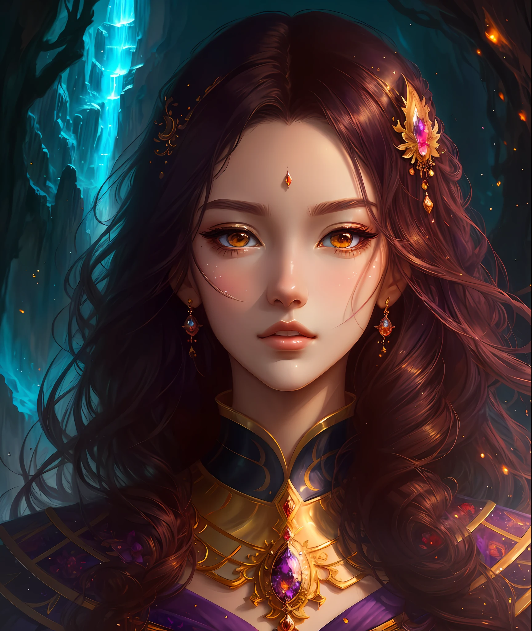 Masterpiece, extreme magnificent scenery, extreme picture quality, extreme detail CG, high resolution, high detail face, high detail eyes, perfect anatomy, ultra detailed skin, 8k wallpaper, perspective, 4 fingers, 1 thumb, (color, chroma, Saturation: 1.3), a painting of a woman in a purple dress and golden jewelry, art trend, fantasy art style, stunning art style, digital anime illustration, beautiful character drawing, guweiz style artwork, 8k High quality detailed art, lovely detailed digital art, beautiful artwork illustrations, disney style face, princess,