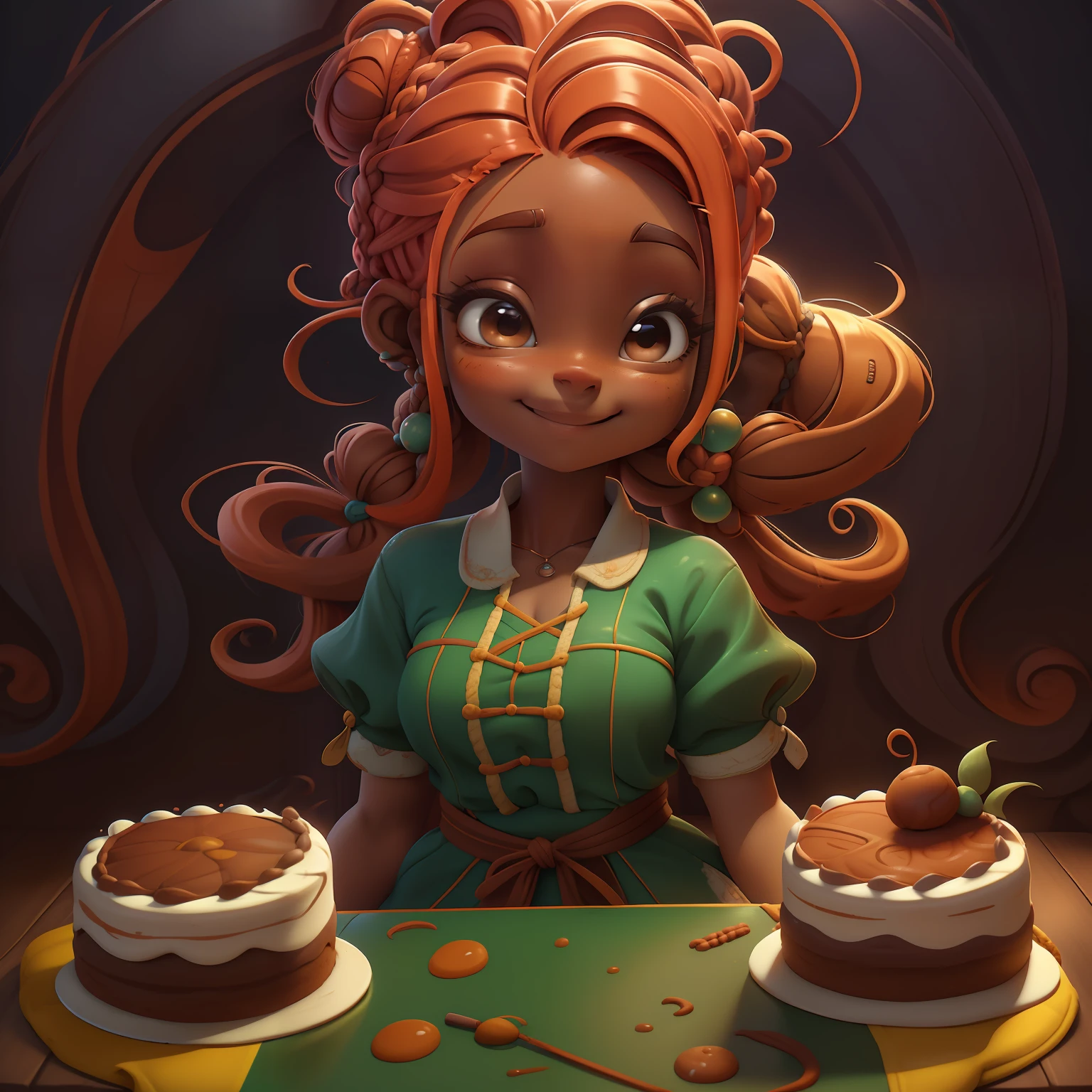 menina orando rezando, renda delicada, sorrindo e leve, tons claros, Cooking cake, Slime cabelo longo bun estilo de cabelo, marrom amendoado, pele branca, cabelo dread's dourados, roupas leves e detalhadas, master part, best quality