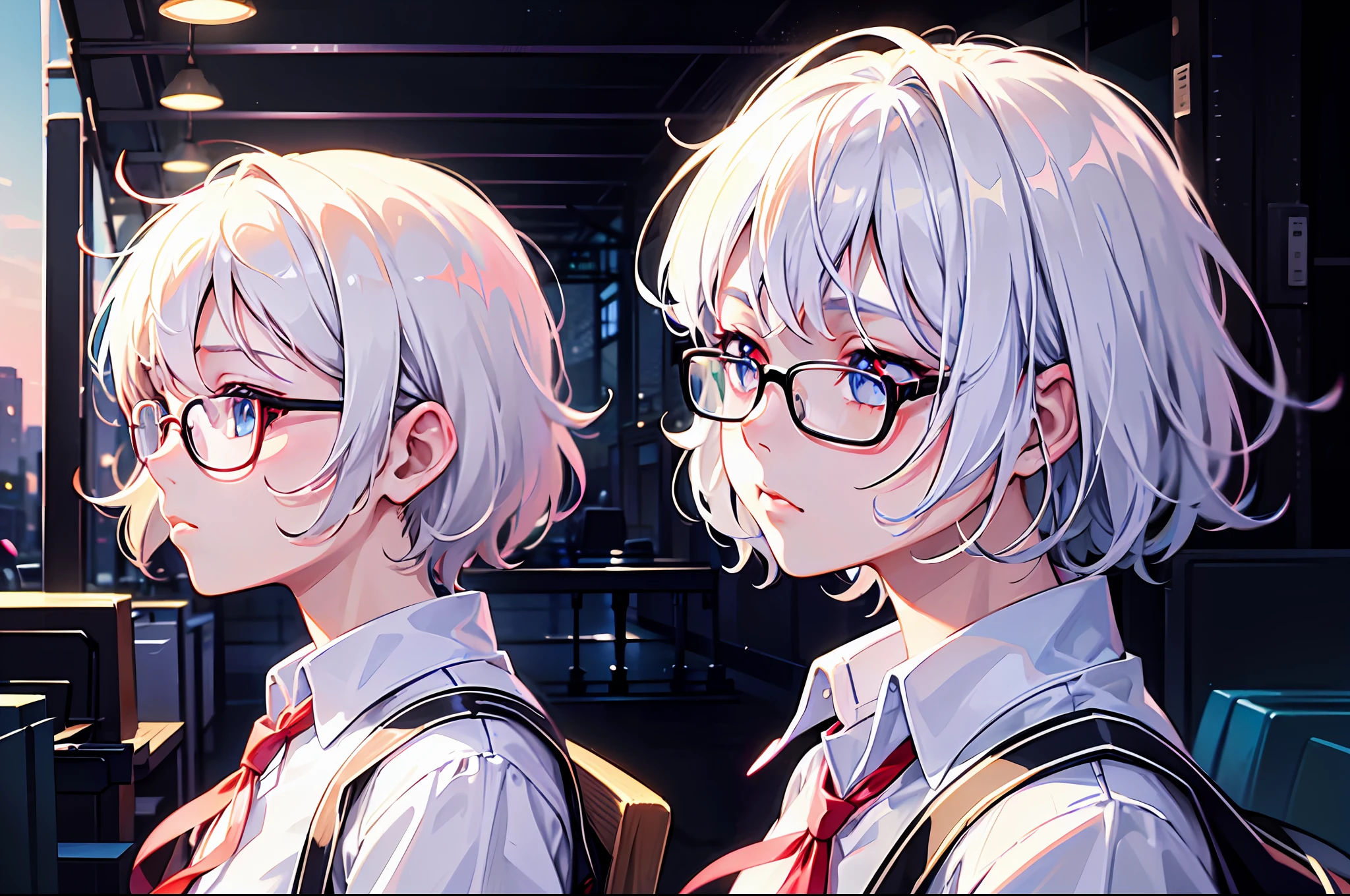 a college girl with glasses, white dyed hair, white shirt, side view, sad face, tired, train station scape, lofi portrait, digital anime illustration, detailed digital anime art, anime portrait, anime moe artstyle, realistic anime art style, anime realism style, semirealistic anime style, anime character portrait, high quality anime artstyle