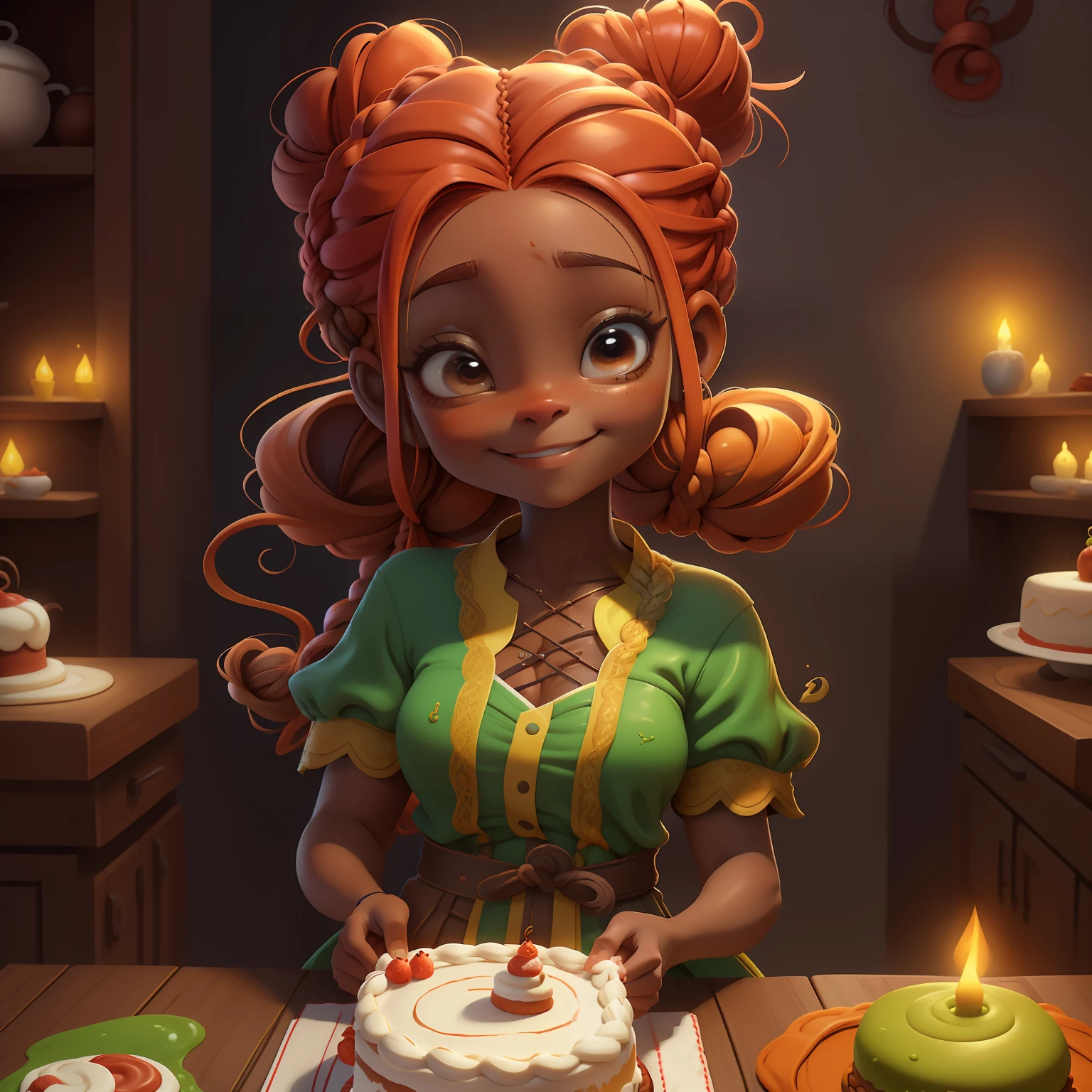 orando rezando, renda delicada, sorrindo e leve, tons claros, Cooking cake, Slime cabelo longo bun estilo de cabelo, marrom amendoado, pele branca, cabelo dread's dourados, roupas leves e detalhadas, master part, best quality