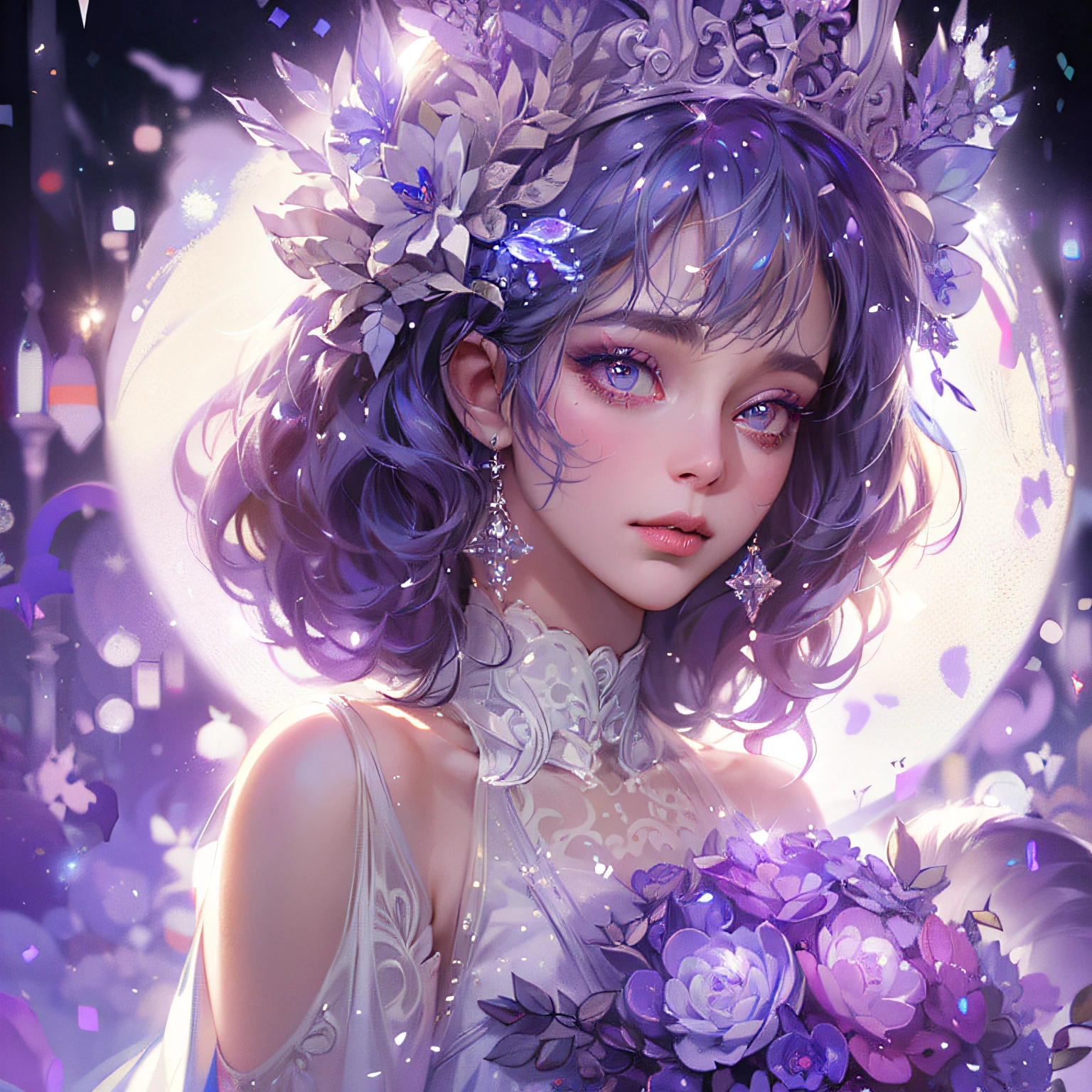 (Masterpiece:1.2), best quality, (night sky, wery long blue hair:1.2),(illustration:1.2), beautiful scenery, scared,(Masterfully crafted Glow, lens flare), (ultra-detailed), hyper details, (delicate detailed), (intricate details), (cinematic light, best quality Backlights), clear line, new world, viewer, solo female, perfect body, (1female), (Bright bioluminescent hair hair, bright glowing eyes), (Dynamic:1.3), ((makeup)), high contrast, (best illumination, an extremely delicate and beautiful), ((cinematic moonlight)), colourful, ((Photoshop Pastel Painting:1.1)), ethereal, (Cinematic masterpiece),suspense, splashes of colour, absolutely eye-catching, ((caustic)), dynamic angle ,beautiful (detailed glow), (eerie),(Intricate Detailed Cinematic Scenery Behind:1.2),ambient occlusion, (ambient moonlight), ray-traced reflections, intricately detailed visible background, night snow storm, stars, very long curly white hair, ice queen, white and light blue gothic royal dress with embroidery, long embroidered stockings, crystals and pearls, big halo shaped crown, ice crystals around, snow storm, mature woman