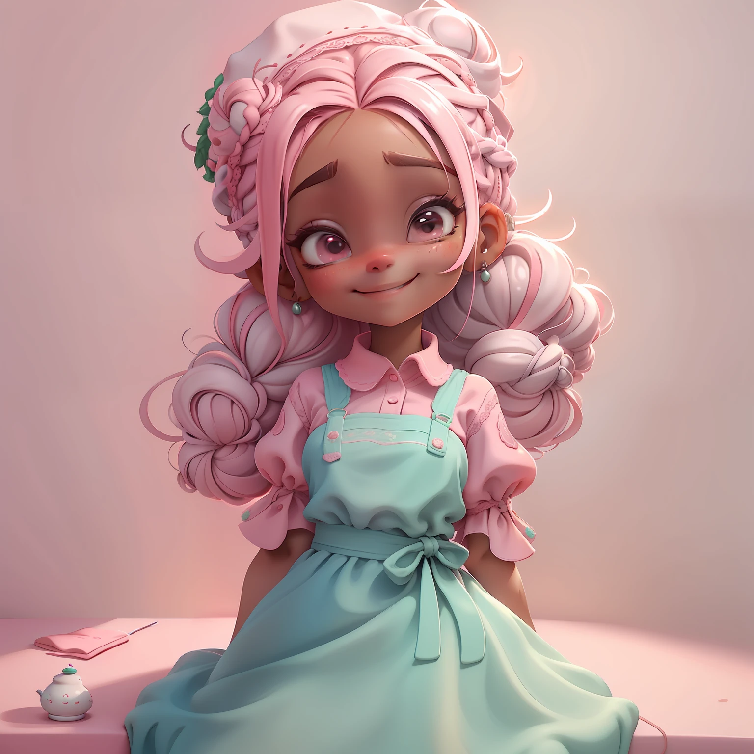 menina orando rezando, renda delicada, sorrindo e leve, tons claros, Cooking cake, Slime cabelo longo bun estilo de cabelo, rosa claro, kitchen hat, pele branca, cabelo dread's dourados, roupas leves e detalhadas, master part, best quality