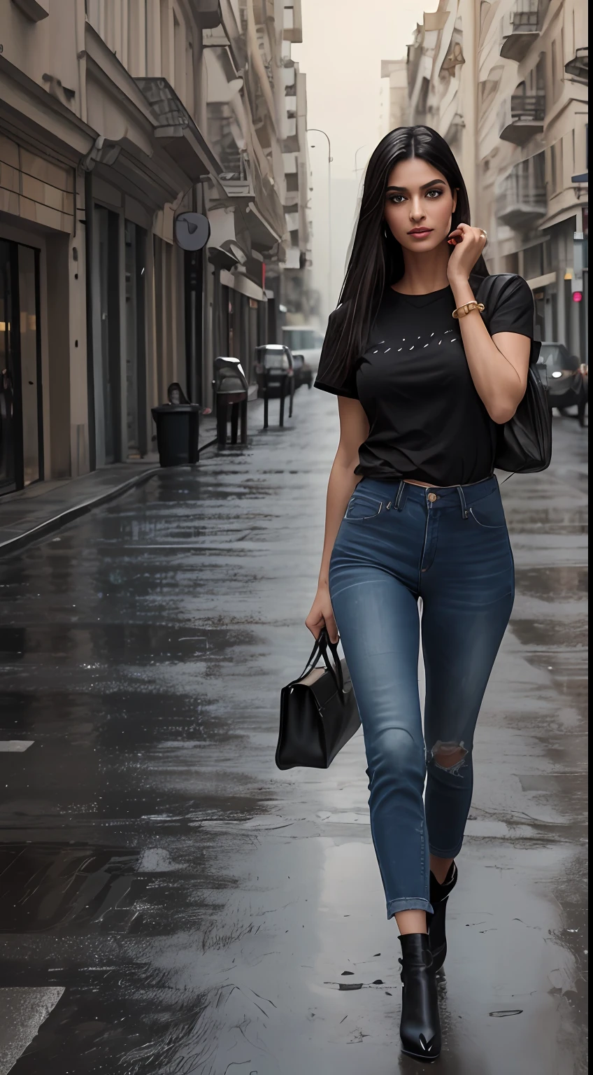 ((Best Quality, 8k, Masterpiece:1.3)), Focus: 1.2, Perfect Body Beauty: 1.4, front looking 1.2, (long black medium length straight hairstyle)), 27 years old Arabian beauty,(black round neck plain Baggy Tee-shirt, baggy style:1.1) , (rainy weather, Street:1.3), Baggy fitting jeans , full length dark blue tight torn jeans: 1.1, Highly detailed face and skin texture, Detailed eyes, Double eyelids, toned body, Whitened skin, black straight hair's, high heels, firm breasts, firm thighs, looking at camera, fashion shoot style, full body length tee-shirt, Short sleeves, ankle boots, big earrings, lots of fashion hand bangle's and stripes, golden watch. Carrying trolley bag, light lipstick, lose baggy tee-shirt, regular fit, war zone, dark cloud's, fighter jets flying, walking style, middle eastern beautiful women, model shoot, war zone, ruined city, damaged building's, damaged car's, smoke, fire, collapse buildings