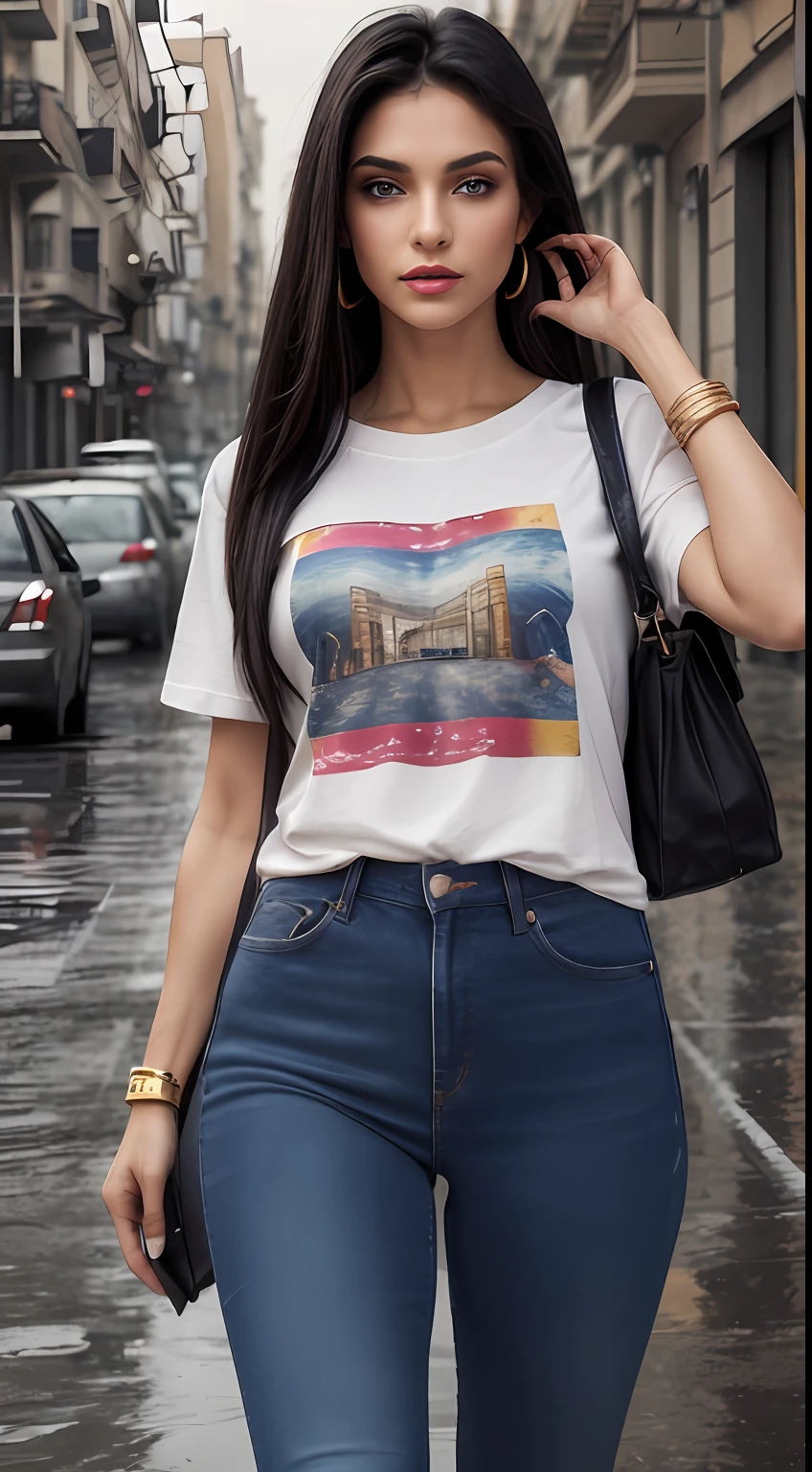 ((Best Quality, 8k, Masterpiece:1.3)), Focus: 1.2, Perfect Body Beauty: 1.4, front looking 1.2, (long black medium length straight hairstyle)), 27 years old Arabian beauty,(black round neck plain Baggy Tee-shirt, baggy style:1.1) , (rainy weather, Street:1.3), Baggy fitting jeans , full length dark blue tight torn jeans: 1.1, Highly detailed face and skin texture, Detailed eyes, Double eyelids, toned body, Whitened skin, black straight hair's, high heels, firm breasts, firm thighs, looking at camera, fashion shoot style, full body length tee-shirt, Short sleeves, ankle boots, big earrings, lots of fashion hand bangle's and stripes, golden watch. Carrying trolley bag, light lipstick, lose baggy tee-shirt, regular fit, war zone, dark cloud's, fighter jets flying, walking style, middle eastern beautiful women, model shoot, war zone, ruined city, damaged building's, damaged car's, smoke, fire, collapse buildings