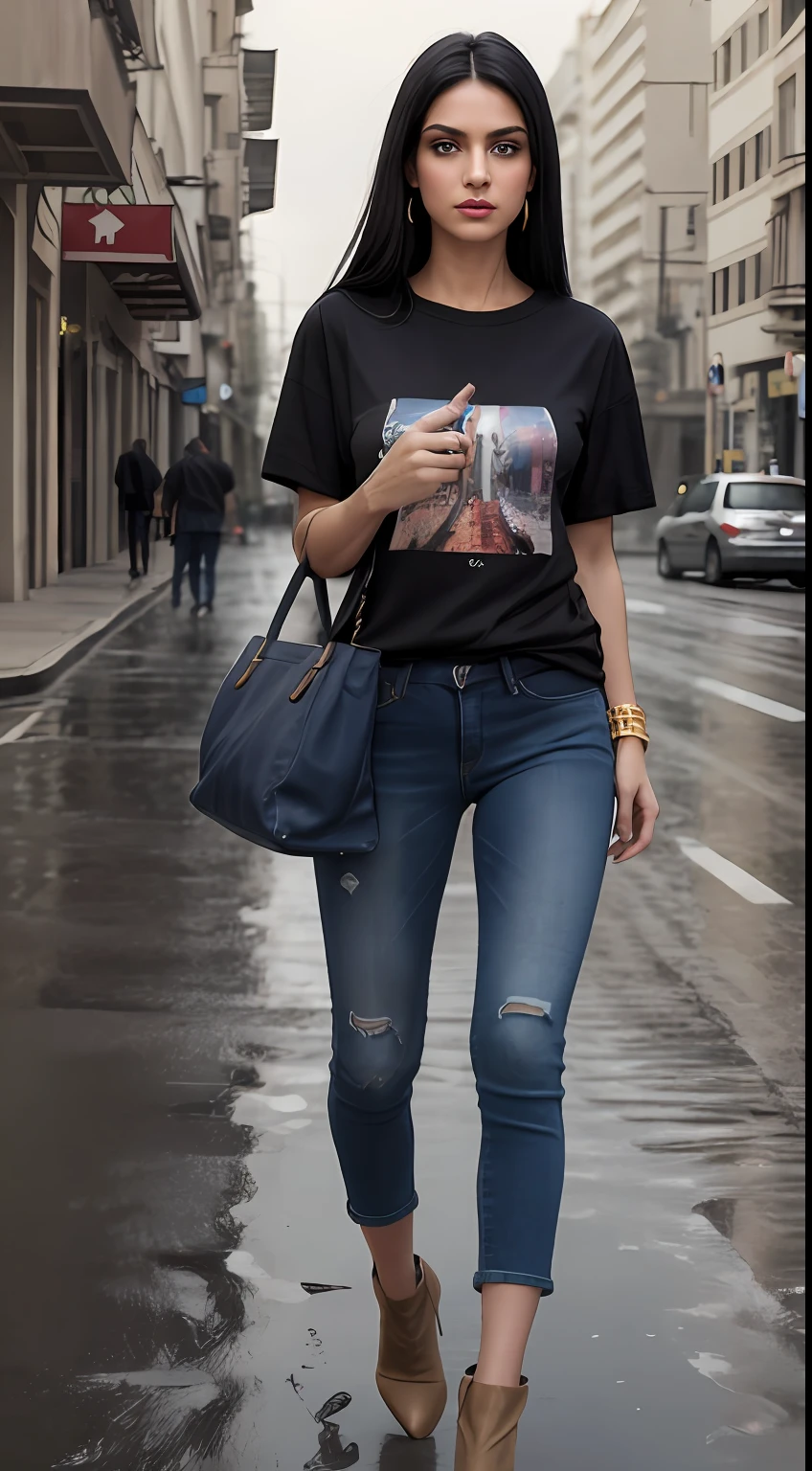 ((Best Quality, 8k, Masterpiece:1.3)), Focus: 1.2, Perfect Body Beauty: 1.4, front looking 1.2, (long black medium length straight hairstyle)), 27 years old Arabian beauty,(black round neck plain Baggy Tee-shirt, baggy style:1.1) , (rainy weather, Street:1.3), Baggy fitting jeans , full length dark blue tight torn jeans: 1.1, Highly detailed face and skin texture, Detailed eyes, Double eyelids, toned body, Whitened skin, black straight hair's, high heels, firm breasts, firm thighs, looking at camera, fashion shoot style, full body length tee-shirt, Short sleeves, ankle boots, big earrings, lots of fashion hand bangle's and stripes, golden watch. Carrying trolley bag, light lipstick, lose baggy tee-shirt, regular fit, war zone, dark cloud's, fighter jets flying, walking style, middle eastern beautiful women, model shoot, war zone, ruined city, damaged building's, damaged car's, smoke, fire, collapse buildings