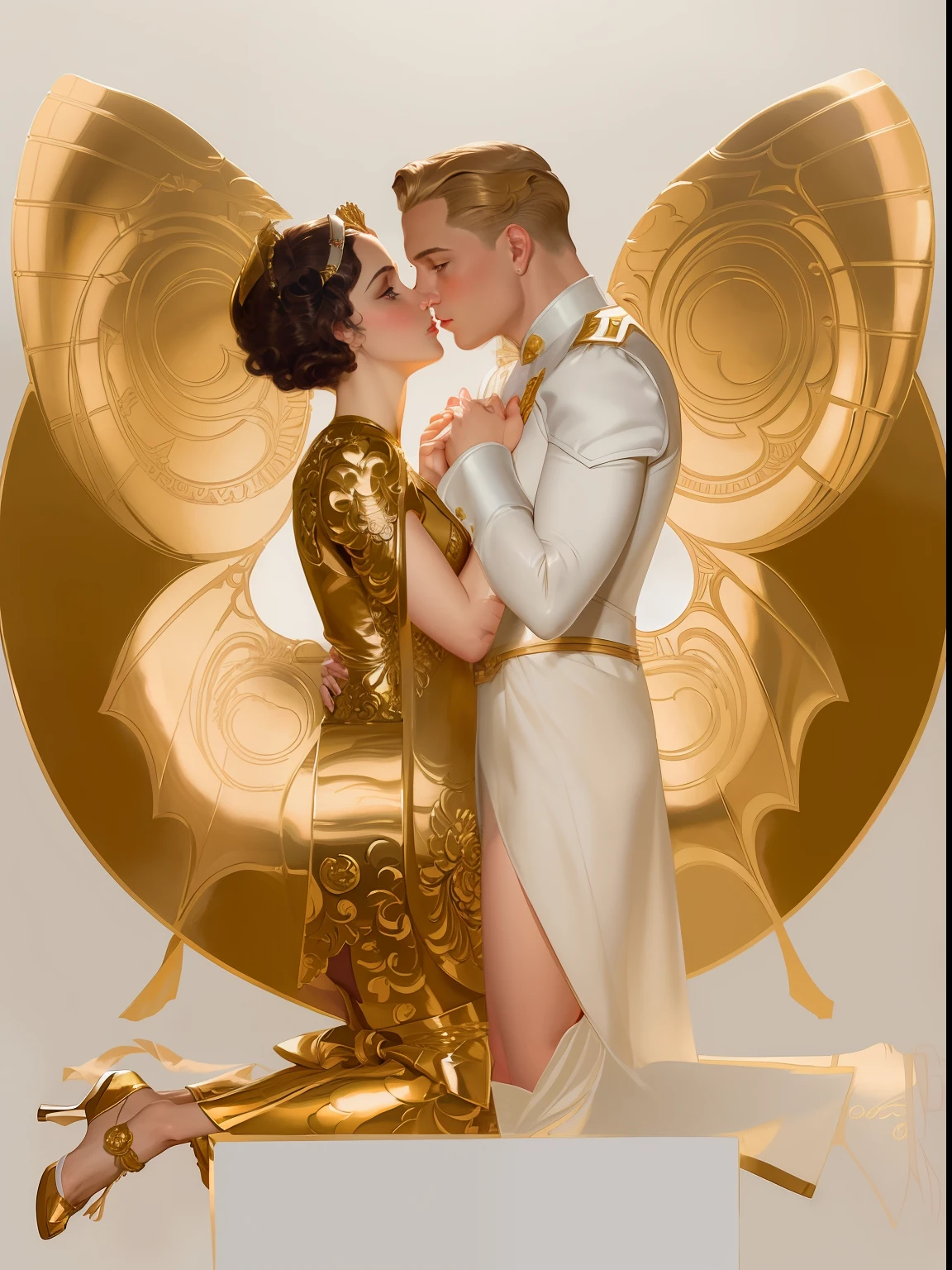 Araffes vestidos com uma fantasia de borboleta beijando uma mulher, Joseph Leyendecker, Inspirado por Joseph Christian Leyendecker, Estilo Leyendecker, inspirado em J.C. Leyendecker, inspirado em J. C. Leyendecker, inspirado em Frank Xavier Leyendecker, J C Leyendecker 8 K, JC Leyendecker