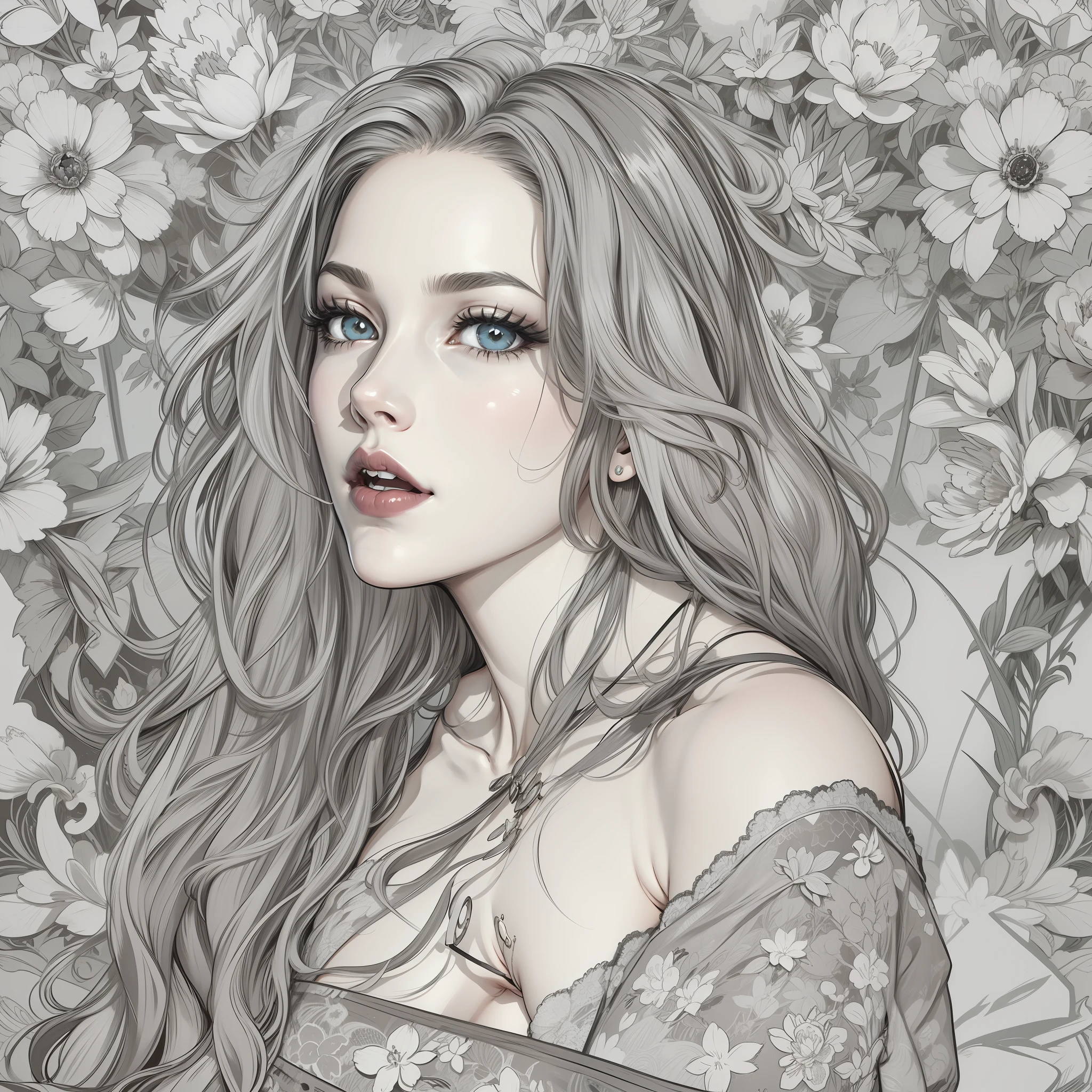 Line art style, black and white colour, Tarot Card, Adult woman with mature face, stunning eyes, lipstick, boobs, Lace red bra, exposed, aroused, , very long hair split over shoulders ,floral background, sketch