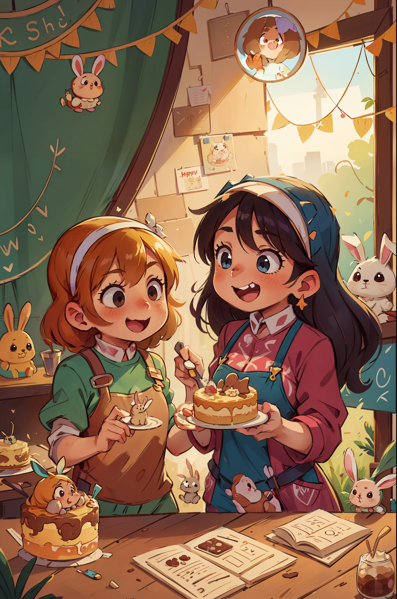 "Two joyful girls wearing hijab, immersed in creating a vibrant atmosphere while baking a huge birthday cake together, accompanied by their adorable rabbit. The kitchen is filled with captivating colors, and the intricate details of their bodies and eyes are accentuated."