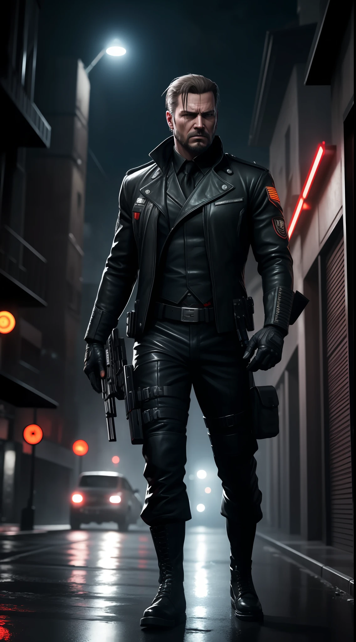 (1481815524) soldier inspired but not copied. all-new character, inspired by BIG BOSS, from the game metal gear, hyper-realistic artwork, with black punk uniform, crumbling background, realistic, stylish, leather gloves, hyper-realistic, full body, photography, dynamic lights, HDR, intricate details, hyperdetailed, cinematic, rim light, danger atmosphere, noir, night, red light, dark street, rain unreal engine 5, 8k