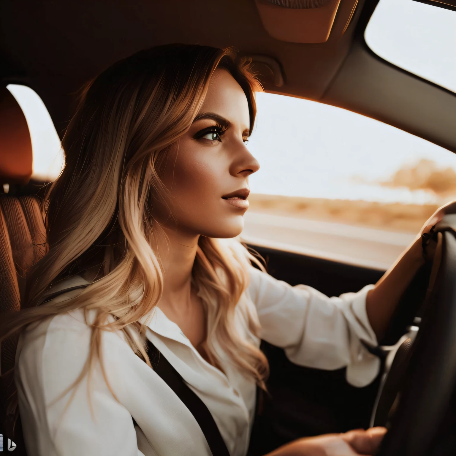 mulher dirigindo um carro com um volante e um sol brilhando em seu rosto, driving, driving fast, dirigindo um carro, sentada em seu carro, obra de arte, retratos de carros, mulher bonito, Dramatic ambient light, Directed by: Matthias Weischer, menina atraente, retrato de alta qualidade, linda senhora, fotografia automotiva, Beautiful woman, summer night, arte em alta