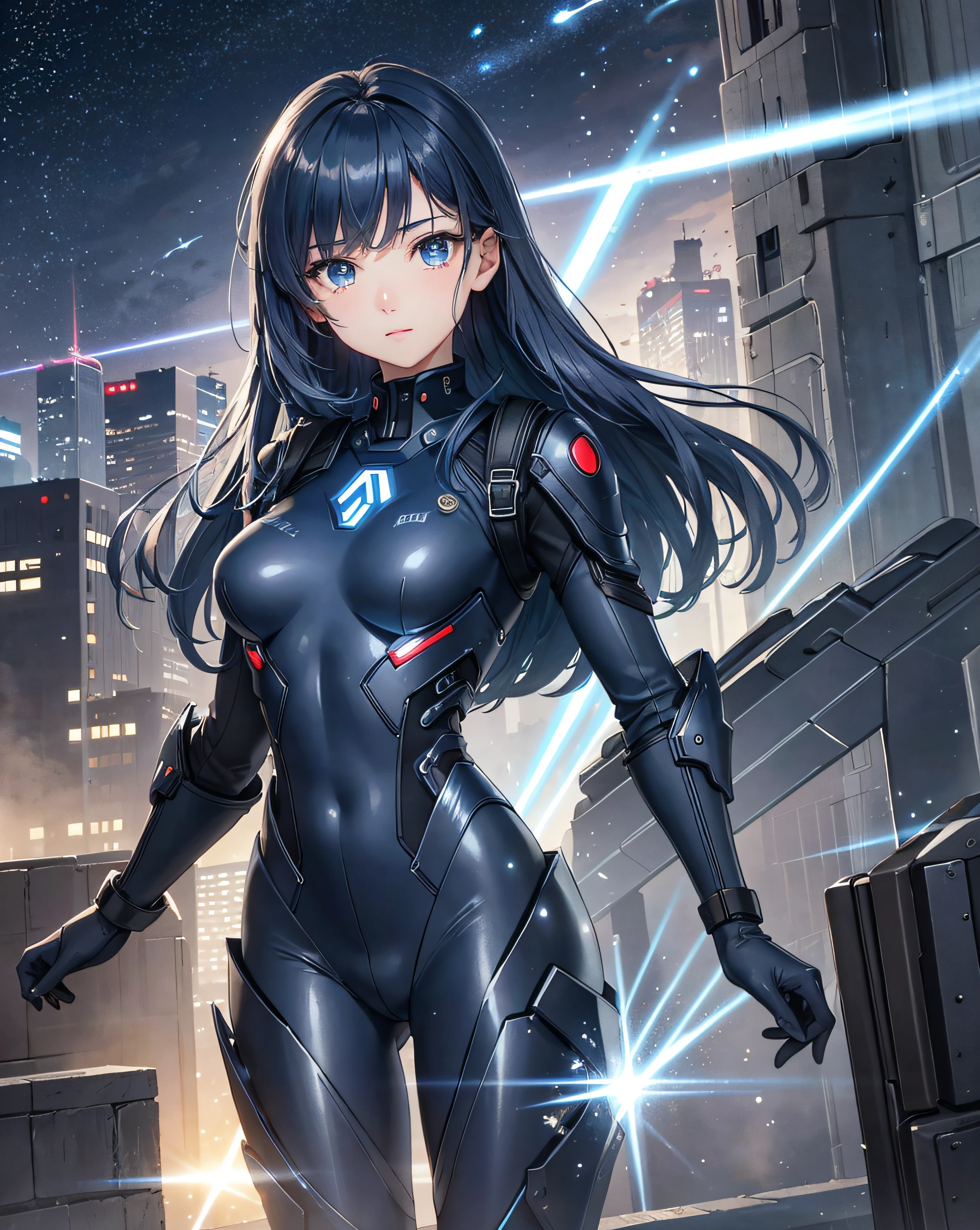BREAK、1girl in、独奏、looking at the viewers、(young cute beautiful 18-year-old girl:1.1)、3D顔、beautiful a girl、beautiful countenance、cute little、Girlface、Kpop Idol、super model、Stunning innocent symmetrical face、(Hands of Guido Daniele)、Perfect body、Medium Breasted、Slim waist、Slim legs、(High Detail Skins:1.2)、radiant eyes、goddes、natural skin textures、shinny skin、de pele branca、beautifull detailed face、A detailed face、Authentic skin texture、Cute delicate face、finerly detailed face、the golden ratio、Golden Ratio Face、Expressive eyes、face perfect、flawless skin、Clear face、shinny hair、Proper body proportions、perfect anatomia、realistic skin textures、luscious lips、shiny lips、Natural makeup、Beautiful bright pupils、Slender figure、intricate eyes、Detailed pupils、 finely detailed face and eyes、long eyeslashes、red blush、Good Hand、perfect hand、Clean face、beautiful female bodies、Fine fine skin、oily shiny skin、(((((Mechanical halo、Star Hello、Complex mechanical bodysuit、Navy blue and black bodysuit、full armor、(Colorful glow floating:1.2)、(Energy Beam:1.3)、(Highly detailed worn metal texture:1.3)、scientific fiction、(Dark blue hair、Navy Blue theme、Blue coloring、Blue eyes:1.3)、Very long hair、(A human who emits an aura from his body:1.4)、(Blue Solo、Lone Girl、Japan Faces、short-cut、lightonface、Slim body、exoskeleton、metal gear、Cyberpunk style、(the perfect body:1.4)、Glittering blue colored eyes、Black and navy blue bodysuit、Tight Fit Clothing、Clothing that covers the whole body、Clothes that hide the skin、extremely delicate and beautiful、detailed skins、Slim body、Gentle smile、heroine、long boots、Gloves up to the elbow、Clothes that hide the skin、front facing、The energy light that turns towards the viewer is emitted from the body:1.4)、(Whole human body:2)、(lightning discharge lightning effects:1.2)、(Electrocution:1.3)、(Luminescent particles:1.4)、Hold the gun、buttle、(electric sparks、spark of light、Flying bullets、Dodge bullets、Buildings hit by missiles、Future technology drones hit laser weapons:1.3)、Adventurous appearance、stary sky、Colorful refraction、World of Wormholes、futuristic city street、cyberpunked、makina、 Very metallic texture、Neon light、(Night:1.4)、the wind、Rembrandt lighting、Space Warp、Fog、Pixel art、game art、key visual、Surreal、PBR Texturing、Anisotropy Filtering、Maximum clarity and sharpness、Albedo and specular maps、Multilayer Texture、Surface Shading、sub-pixel convolution、Accurate simulation of light-material interactions))))、(pureerosface_v1:0.5)、(ulzzang-6500:0.5)、(nffsw:0.6)、Facing the viewer、Future bride、Legendary girl、Childhood、Super lucky、Save the world、Future daughter-in-law、Compassion、Manifest in reality、Help me、Erudition、Intelligent、Eternal Life、Outstanding motor nerves、Have a sense of humor、One Love、dynamic ungle、Dynamic Actions、kindliness、Unremitting Love、Eternal youth、Always with you、Disease-free、Language proficiency、Lovesickness and love、Man of fate、Time Traveler、Kayowasa、vivaciousness、I feel energized when I'm with you))、(time machine、Beyond Time and Space、quantum computer、Transcendent、Big bang、How it all began、Skyscraper、Weapons of the future、rucksack、World conquest、leeway、rescue、Stargate、Encounters with the unknown、The real world、Planktonic、embers、battle field、Volumetric fog、Gray fog、fumo、 explosions、Apocalyptic、destroyed city background、buildings on fire:1.3)、