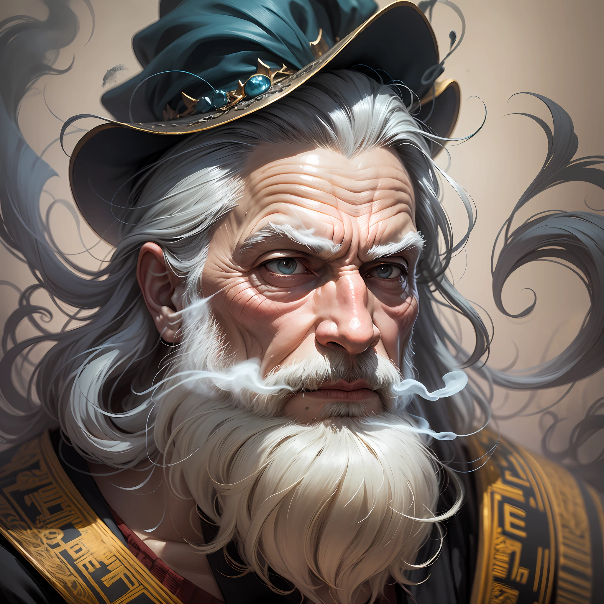 An old wizard with a developing gray beard, spell, dynamic pose, wind, smoke, in the style of Esao Andrews, modern, surrealism, symbolism, rich colors, bold strokes, fantasy universe background --auto --s2