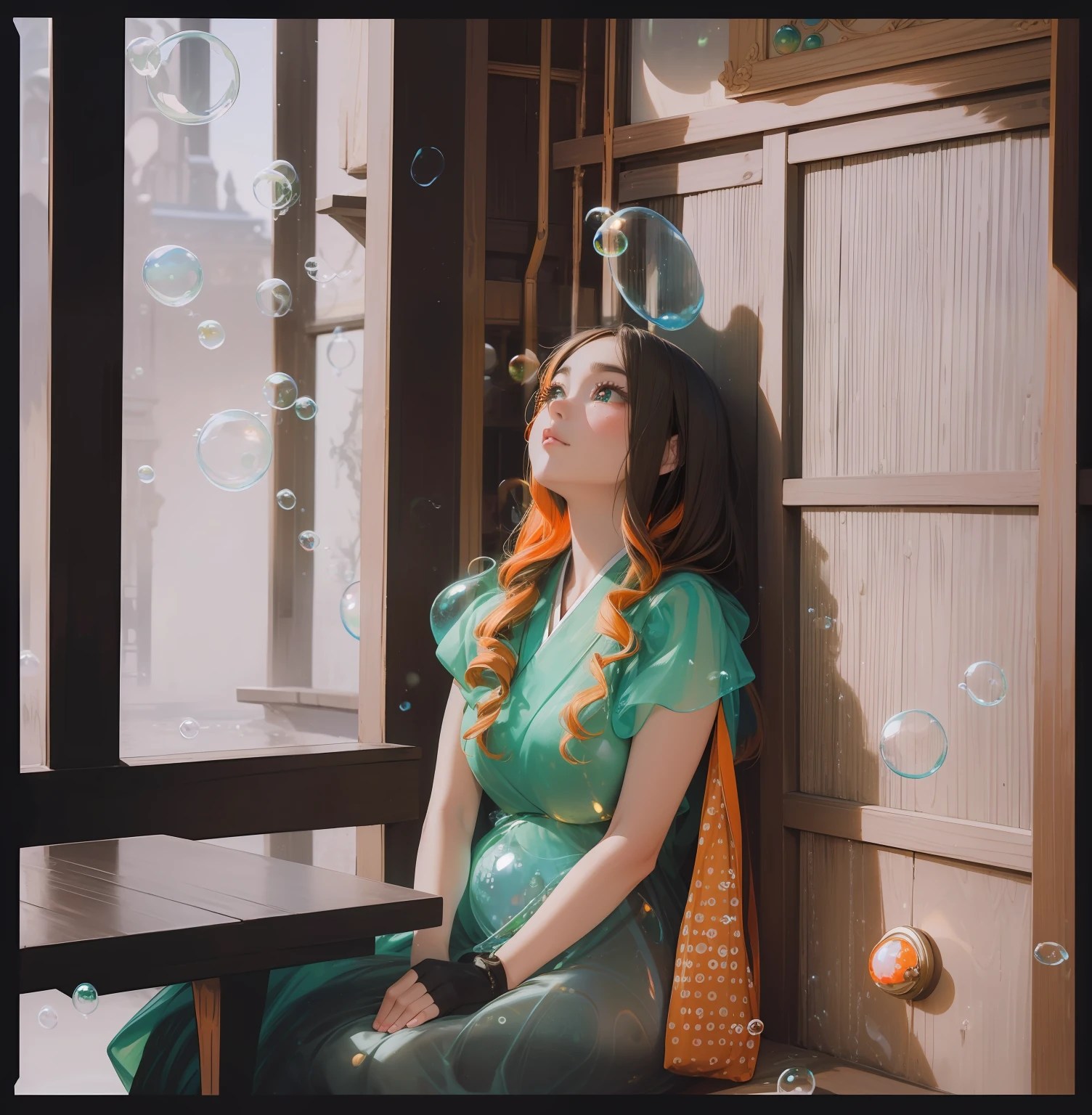 masterpiece)), ((ultra-detailed)), ((best quality)), beautiful detailed eyes, detailed face, best lighting, best shadows, 1girl, solo, ((classic Disney style, rim lighting, flat 2d style, Disney 2d)), ((main color is orange and green)), huge bubbles, (girl inside of a bubble:1.5), bubble island, bubble land, world made out of bubbles, freckles, cold nose, (((bubbles))), marbles, Japanese inspired, (highly detailed), swirly effect,