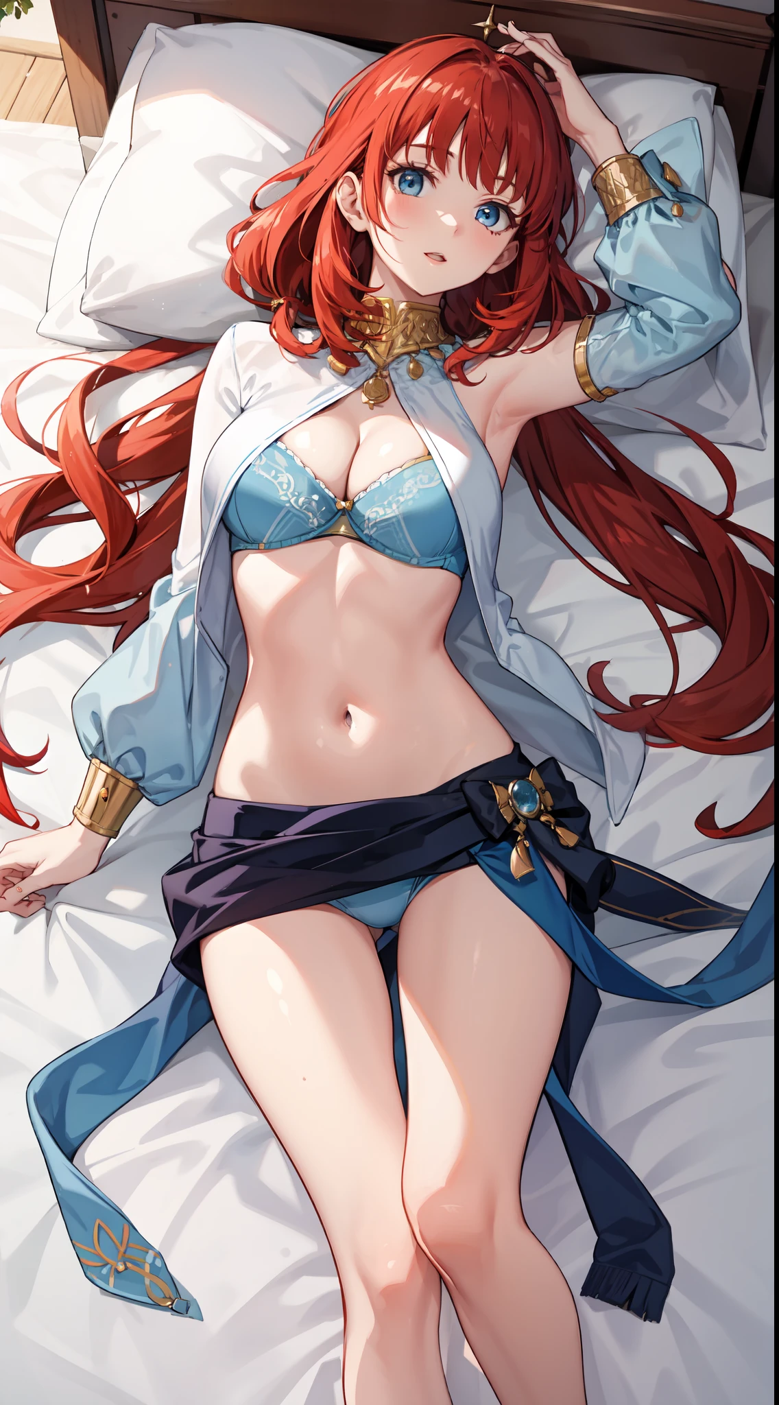 slim legs, blue eyes, nilou, red hair, long hair, mesmerising , medium breast, happy, navel, bed, cleavage, hanging breast, lying on the ground