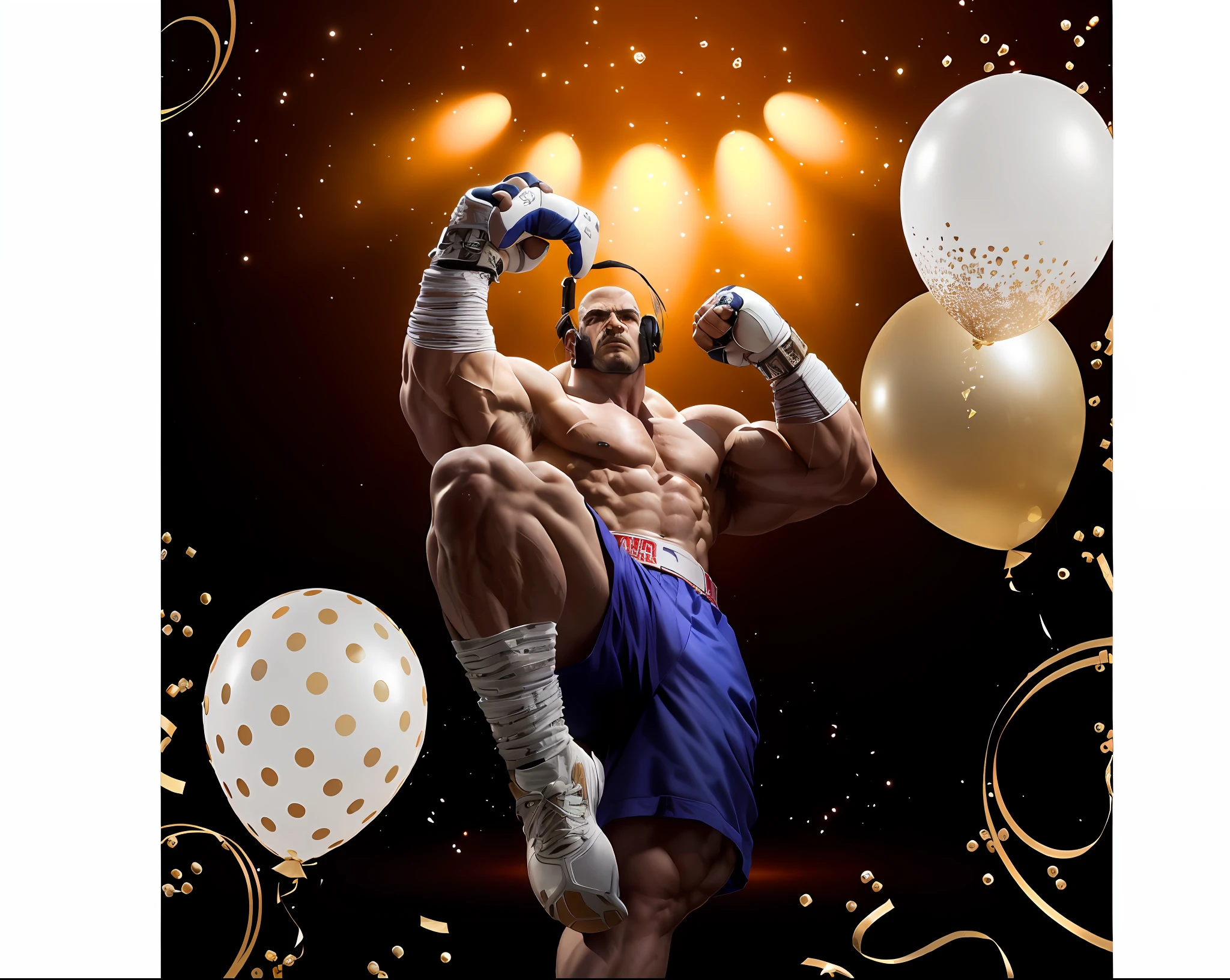 There's a man with boxing gloves and a boxing glove on his feet, barbarian celebrate his birthday, muscular magician man, personagem de jogo de luta, musculoso!!, super buff e cool, man holding a balloon, arnold 3d render, Arnold 3 D render, 4k!, lutador, 4k 8k, 4 k 8 mil, Exaggerated muscular physique, pugilista