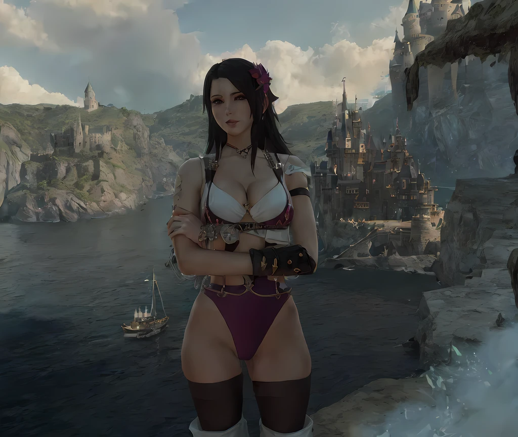 there is a woman in a bikini standing on a cliff, black hair, final fantasy 14 style, alluring mesmer woman, pirate setting, full body shot close up, ( castle in the background ), dancer class, lacivious pose, tranding on pxiv, in front of a fantasy city, spellcasting pose, close full body shot