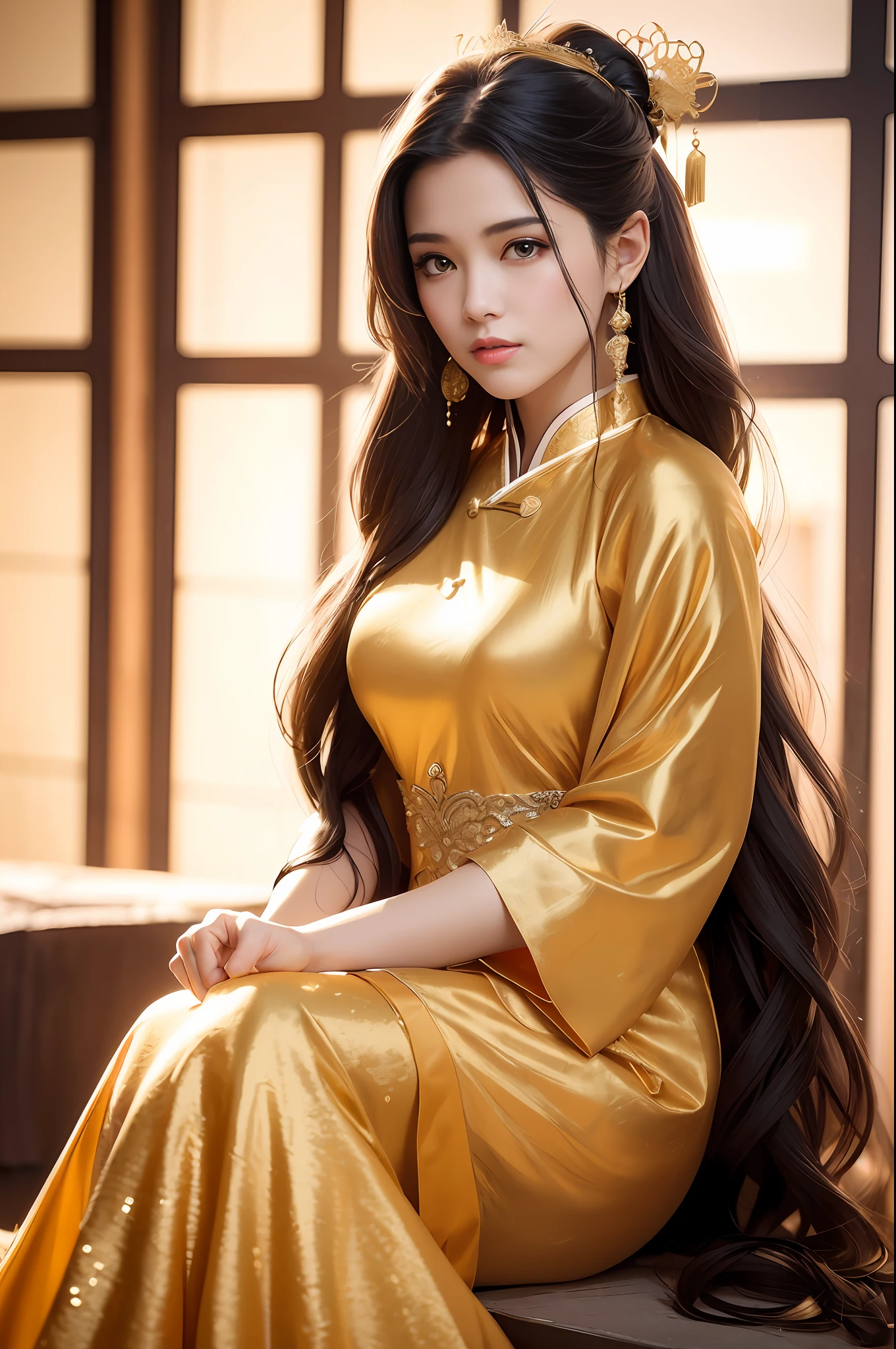 ((Best Quality)), ((Ultra High Resolution)), ((Realistic)), Fine details, Age 19 on Appearance, Black hair, Perfect face shape, Moderate Makeup:1.5, Face lighting, Accentuating Details, Long hair, Wearing Chinese Wedding Dress, Gold Headgear Decoration, Holding a fan, Red Wedding Dress Extra Points: 1.3, Gold Dress Details. portrait of a full body, windows, a bed, drapes, Candlelight, present a picture of a long-range pose.