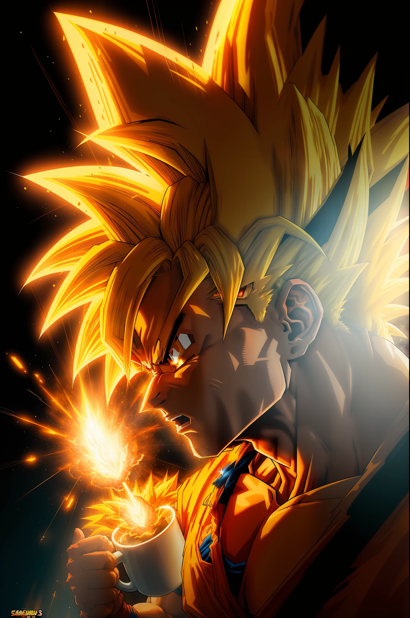 Mug Art "An epic masterpiece in comic style, showcasing Goku's explosive power as a Super Saiyan 3 with his signature long, bright yellow hair and the best possible quality."