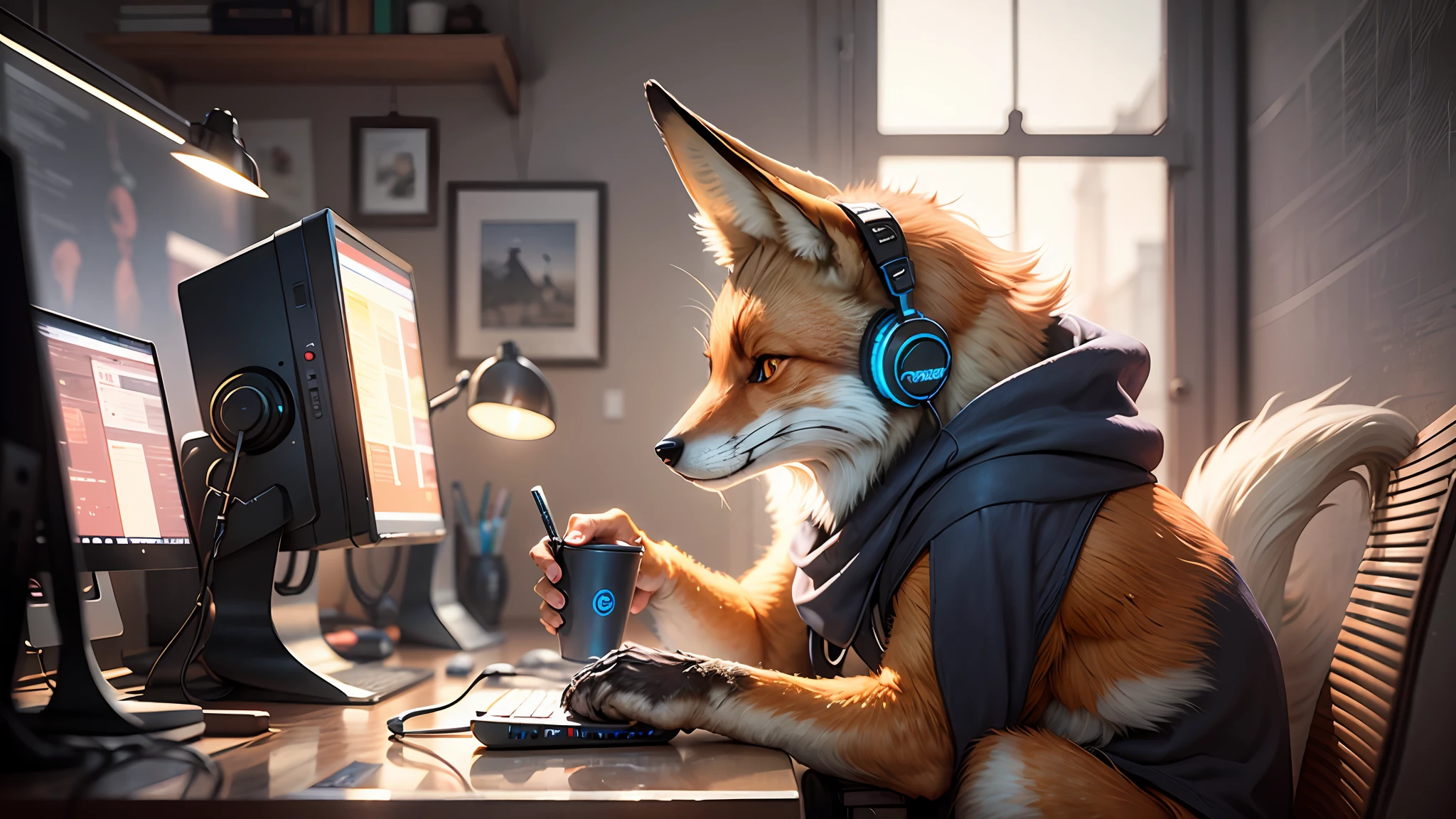 Fox wearing headphones working on computer, medieval environment, wartime --auto --s2
