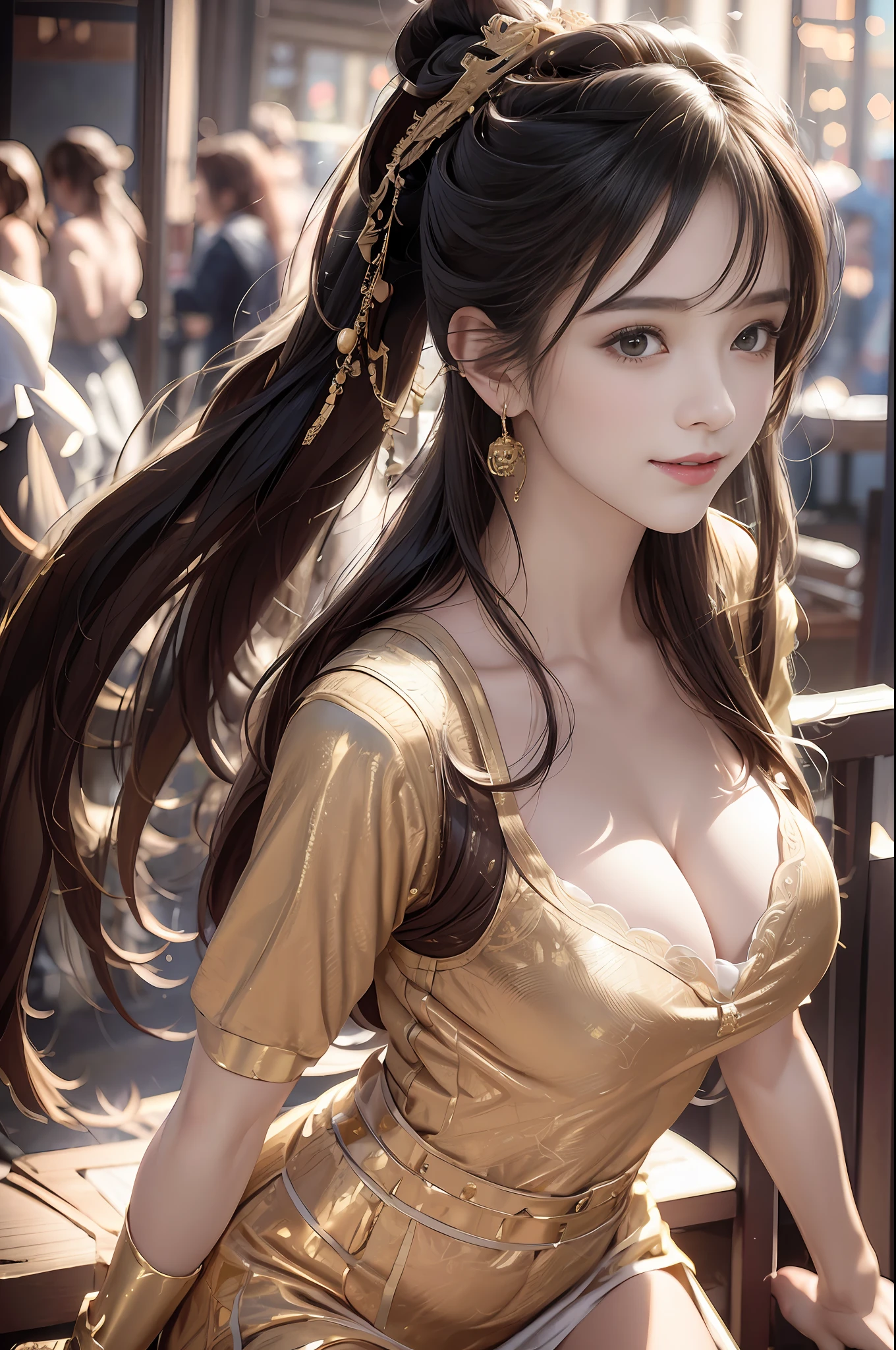 ((Best Quality)), ((Ultra High Resolution)), ((Realistic)), Fine details, Age 19 on Appearance, Black hair, Perfect face shape, Moderate Makeup:1.5, Face lighting, Accentuating Details, Long hair, Wearing Chinese Wedding Dress, Gold Headgear Decoration, Holding a fan, Red Wedding Dress Extra Points: 1.3, Gold Dress Details. portrait of a full body, windows, a bed, drapes, Candlelight, present a picture of a long-range pose.