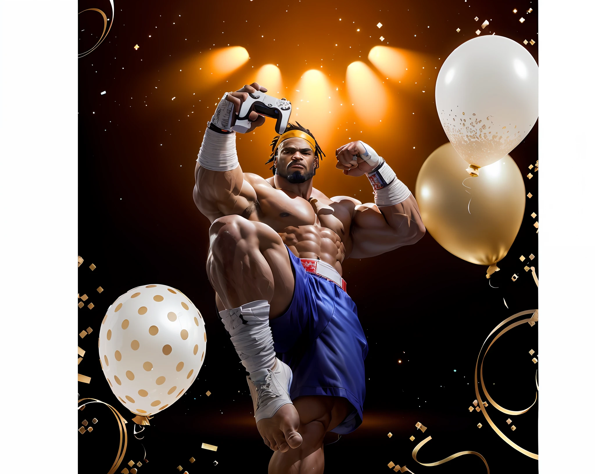 There's a man with a video game controller in his hand, barbarian celebrate his birthday, Homem musculoso, personagem de jogo de luta, pogba, musculoso!!, super buff e cool, Man with bands on his foot, arnold 3d render, Arnold 3D render, 4k!, lutador, 4k 8k, 4 k 8 mil, Exaggerated muscular physique, pugilista