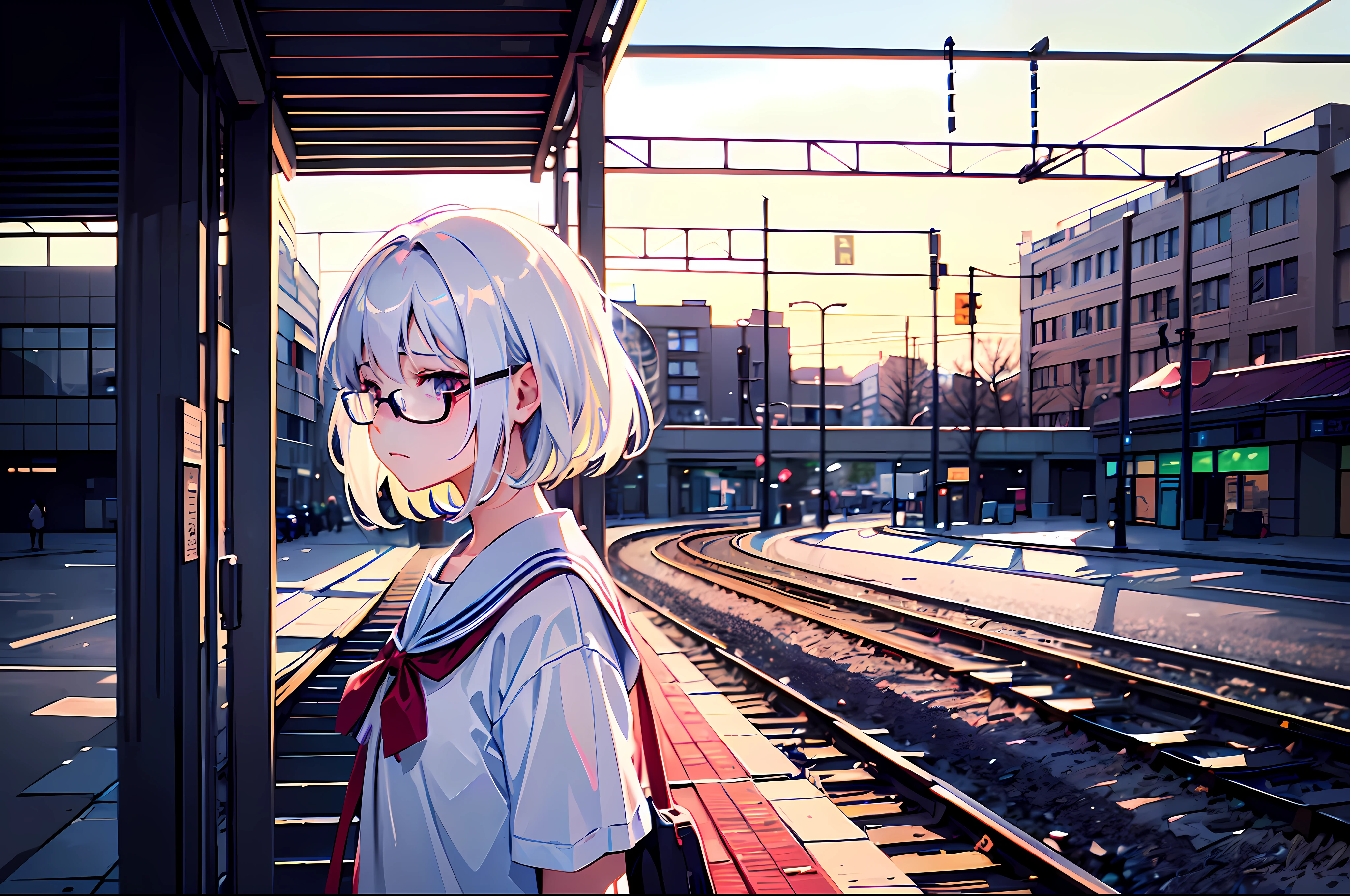 a college girl with glasses, white dyed hair, white shirt, back view, sad face, tired, train station scape, lofi portrait, digital anime illustration, detailed digital anime art, anime portrait, anime moe artstyle, realistic anime art style, anime realism style, semirealistic anime style, anime character portrait, high quality anime artstyle