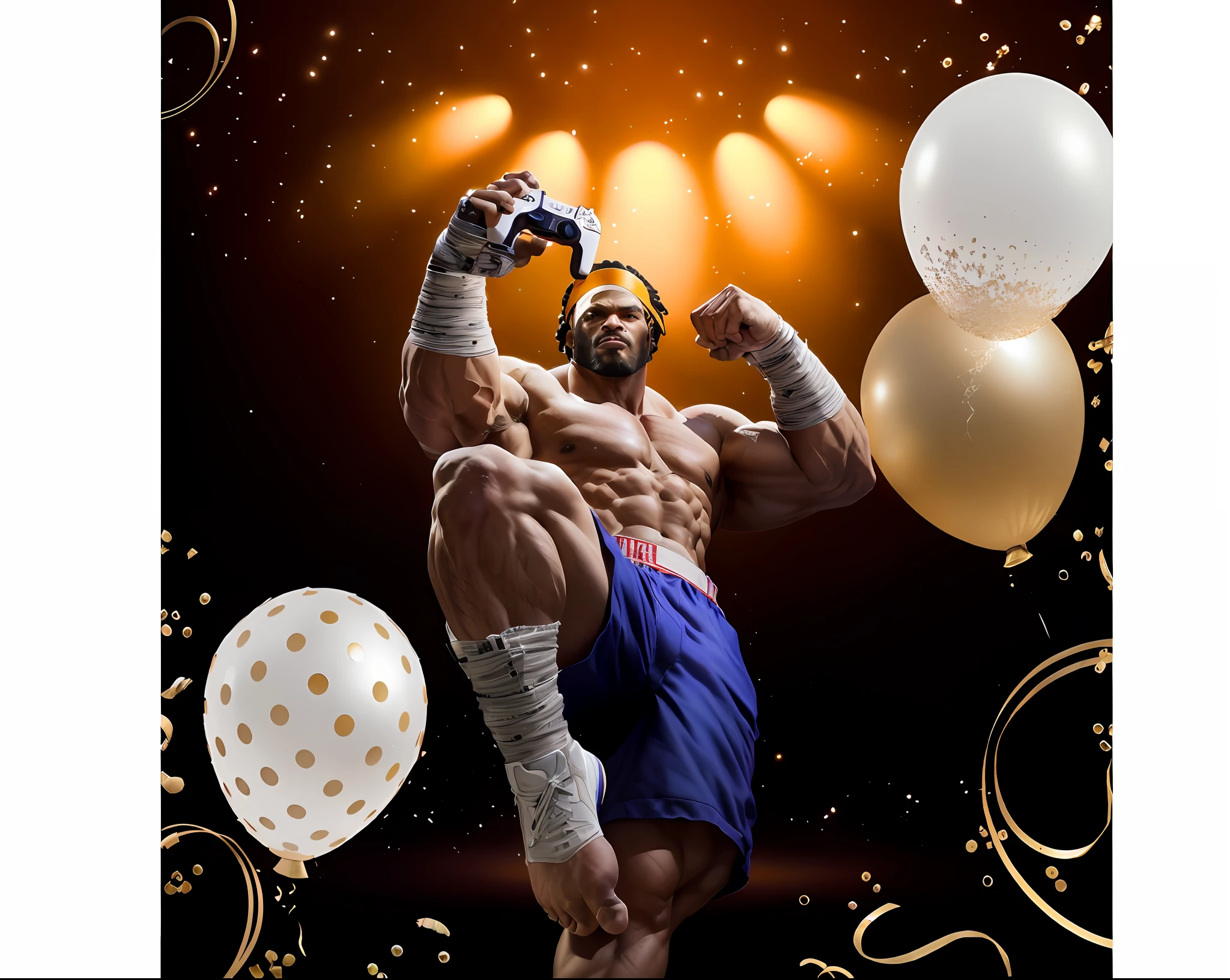 There's a man with a video game controller in his hand, barbarian celebrate his birthday, Homem musculoso, personagem de jogo de luta, pogba, musculoso!!, super buff e cool, Man with bands on his foot, arnold 3d render, Arnold 3D render, 4k!, lutador, 4k 8k, 4 k 8 mil, Exaggerated muscular physique, pugilista