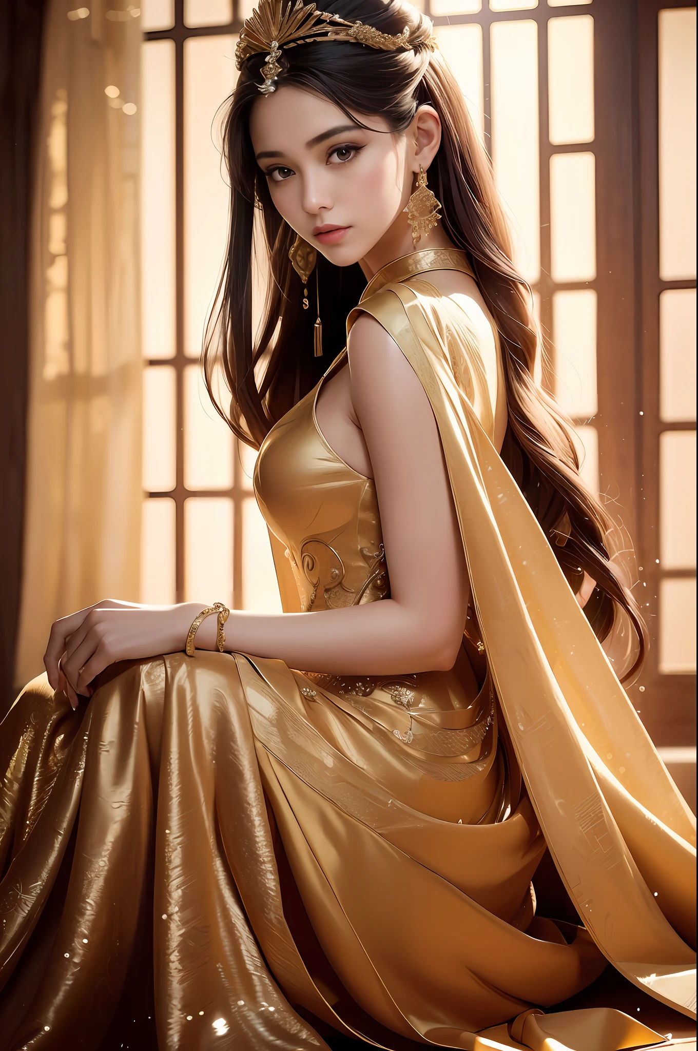 ((Best Quality)), ((Ultra High Resolution)), ((Realistic)), Fine details, Age 19 on Appearance, Black hair, Perfect face shape, Moderate Makeup:1.5, Face lighting, Accentuating Details, Long hair, Wearing Chinese Wedding Dress, Gold Headgear Decoration, Holding a fan, Red Wedding Dress Extra Points: 1.3, Gold Dress Details. portrait of a full body, windows, a bed, drapes, Candlelight, present a picture of a long-range pose.