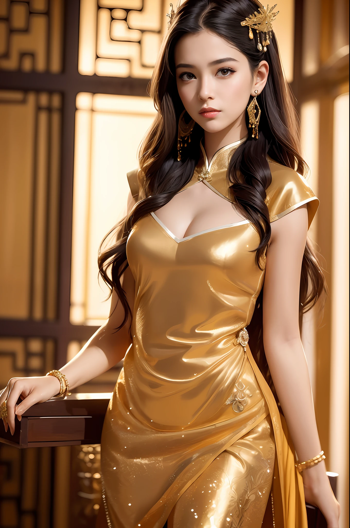 ((Best Quality)), ((Ultra High Resolution)), ((Realistic)), Fine details, Age 19 on Appearance, Black hair, Perfect face shape, Moderate Makeup:1.5, Face lighting, Accentuating Details, Long hair, Wearing Chinese Wedding Dress, Gold Headgear Decoration, Holding a fan, Red Wedding Dress Extra Points: 1.3, Gold Dress Details. portrait of a full body, windows, a bed, drapes, Candlelight, present a picture of a long-range pose.