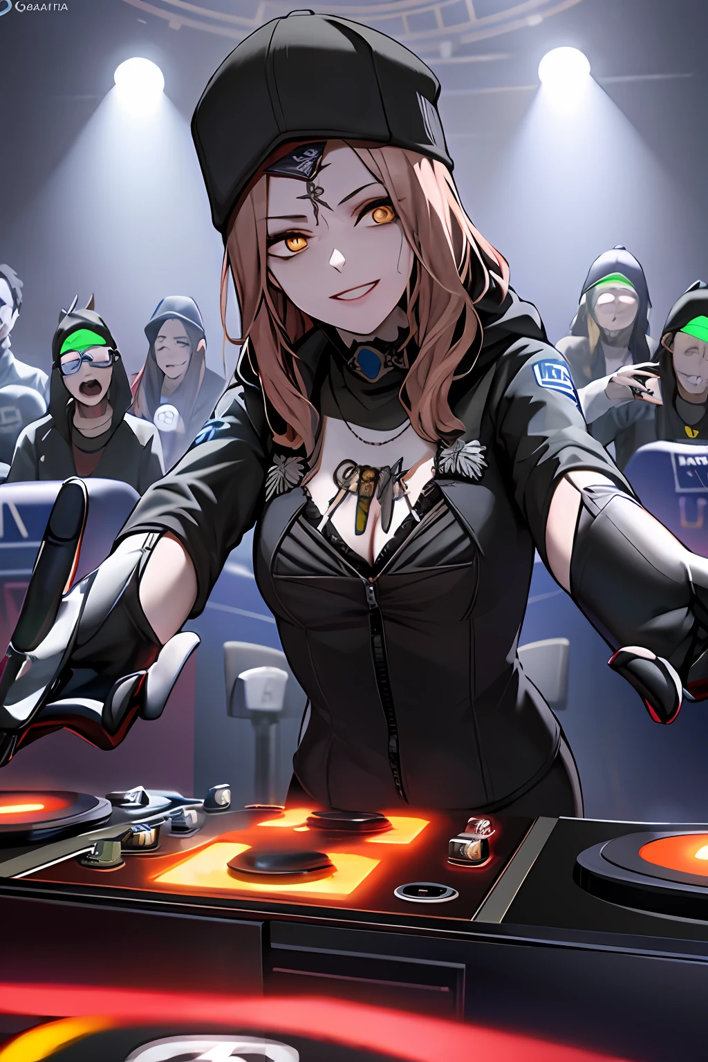 "DanielaV4 a DJ, showcasing her skills on the turntables at a vibrant rave."