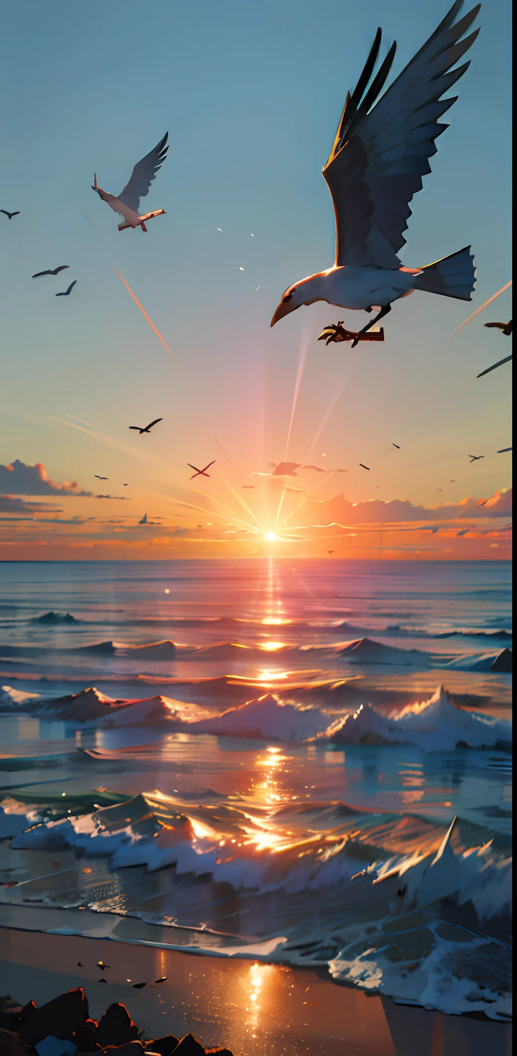 Many birds fly over the sea at sunrise,Sunlight at sunrise，The sun comes out of the distant mountain side，birds flying in the sunlight, Many seagulls，Fly over the sunrise, still from nature documentary, flying over the ocean,The sea is sparkling，There are a lot of big waves