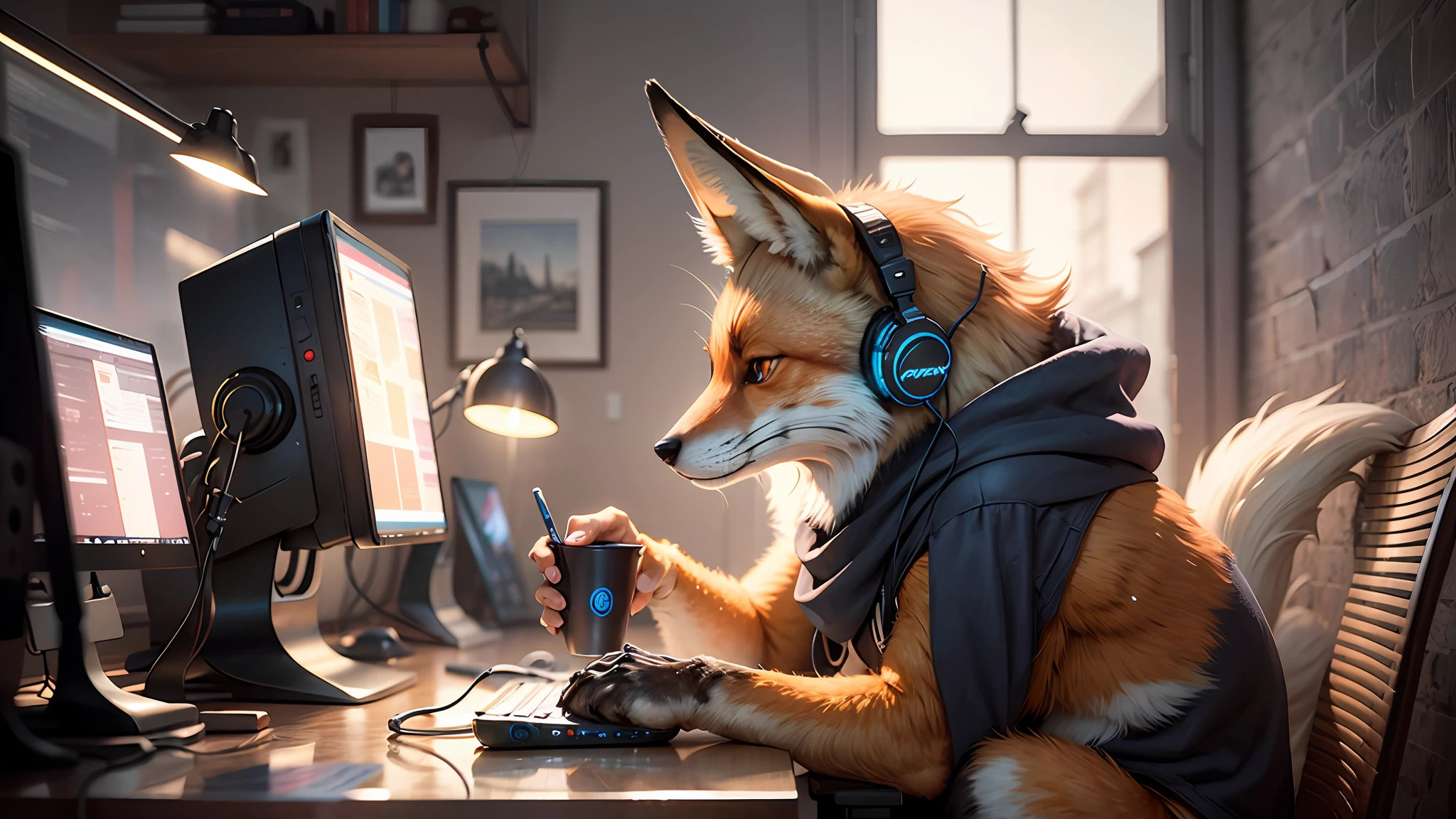 Fox wearing headphones working on computer, medieval environment, wartime --auto --s2
