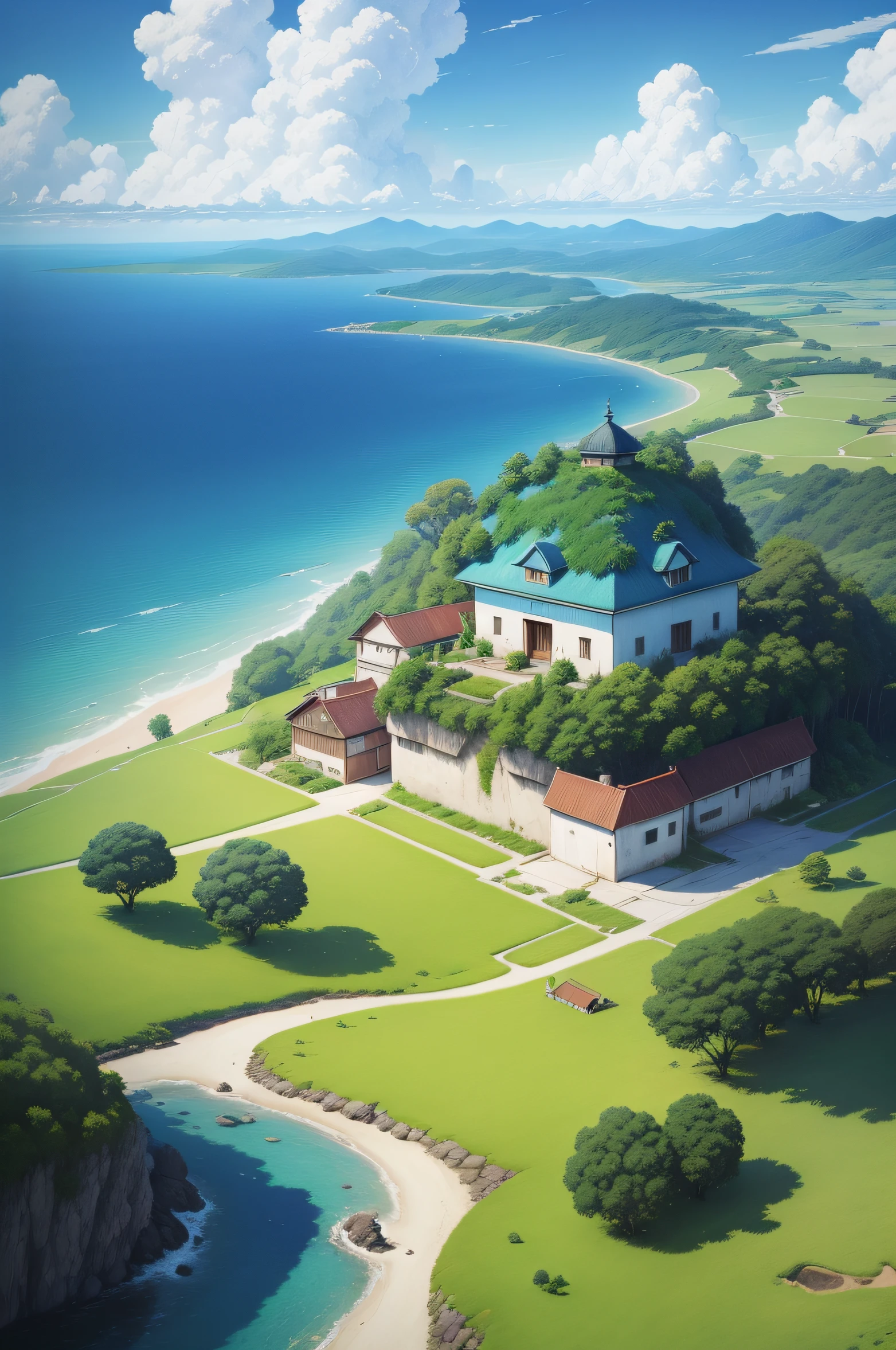 cidade realista, Authentic, beautiful and amazing landscape oil painting Studio Ghibli Hayao Miyazaki petals pasture with blue sky and white clouds, 4k --v6